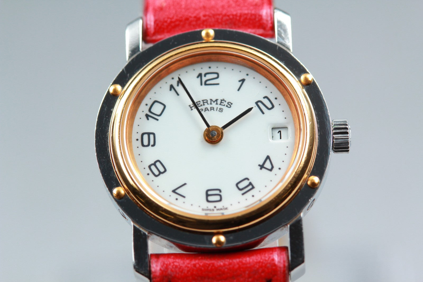 Vintage [Exc+5] HERMES Clipper White Dial Red 24mm Woman's Quartz Watch JAPAN