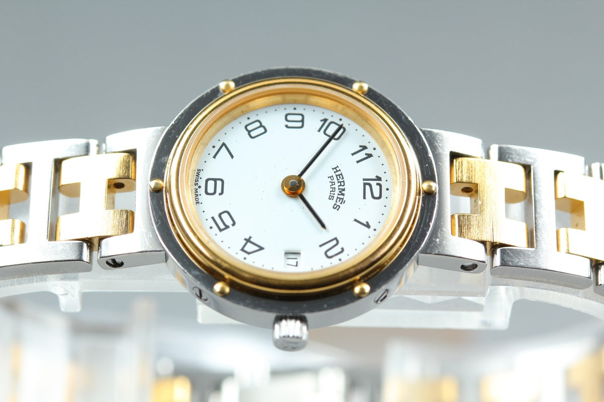 HERMES Clipper White Dial Gold Bracelet 24mm Woman's Quartz Watch Vintage