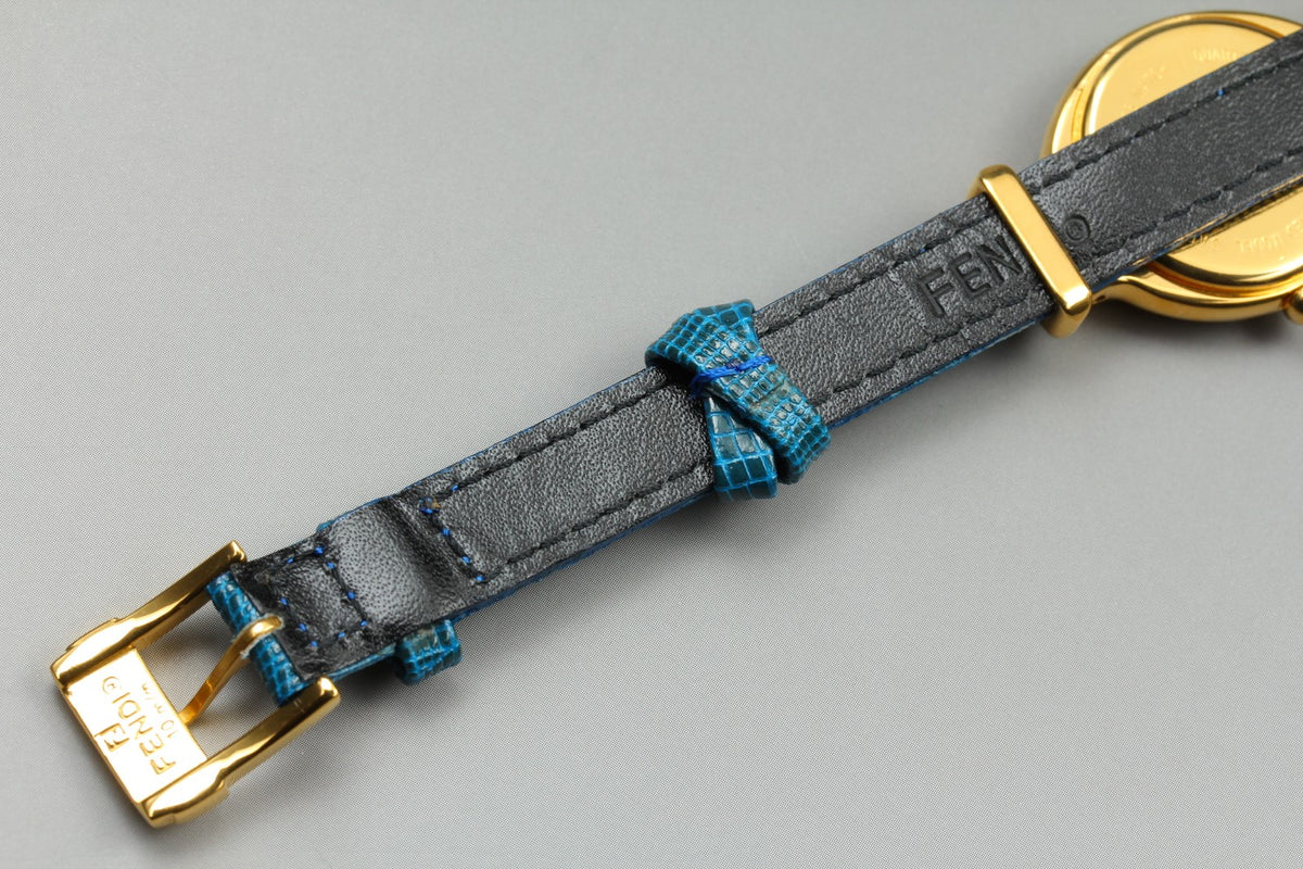 FENDI 640L Chameleon Blue Leather Belt Gold 24mm Women's Quartz Watch Vintage