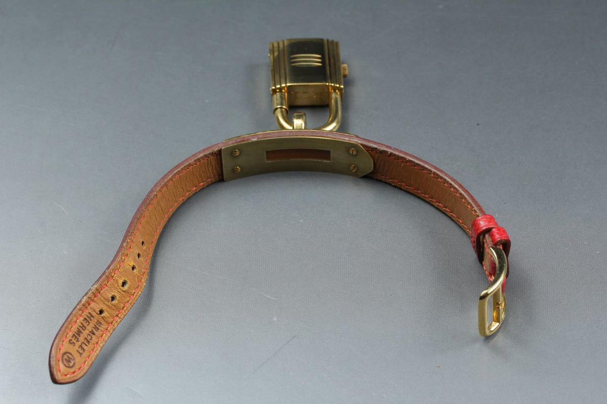 [Overhauled] HERMES Kelly Watch Gold Dial Red Leather "W" Woman's Watch Quartz