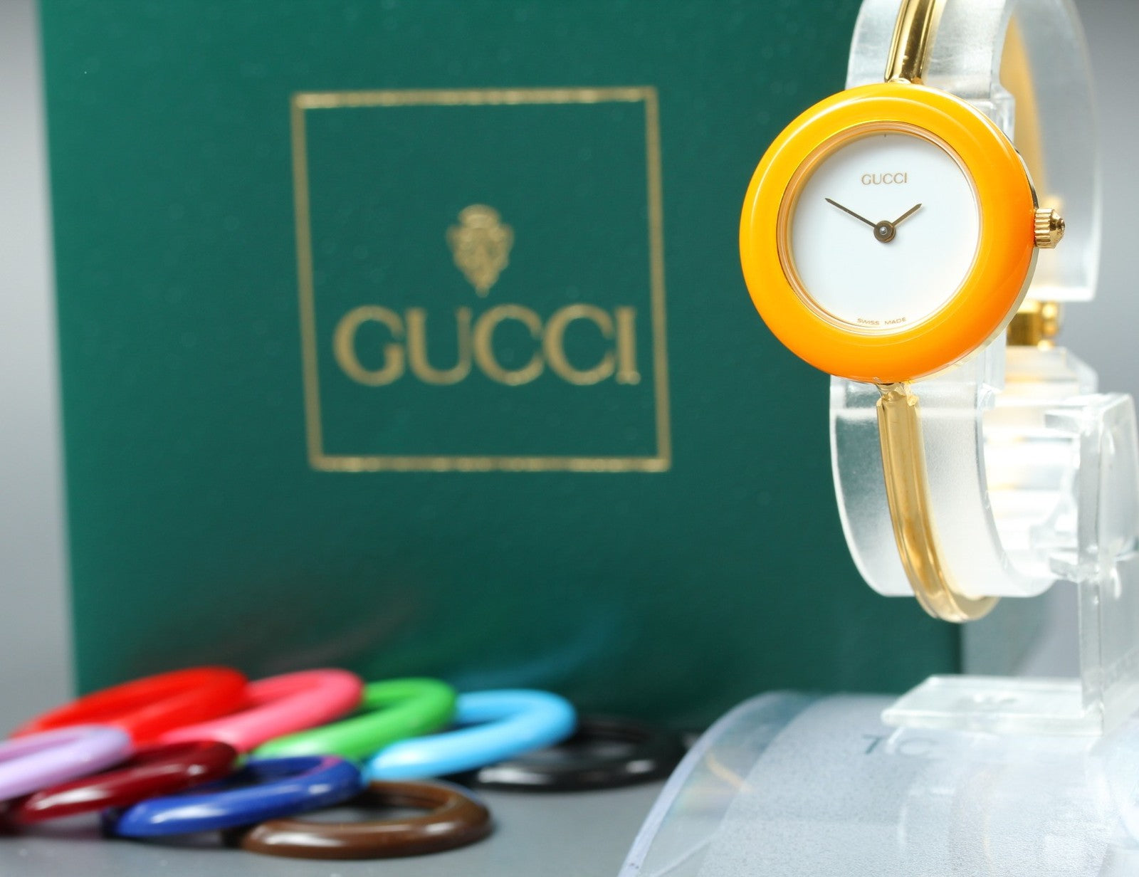 Gucci Change Bezel 11/12.2 10 Colors Gold Bangle Women's Qz Watch Vintage [Box]