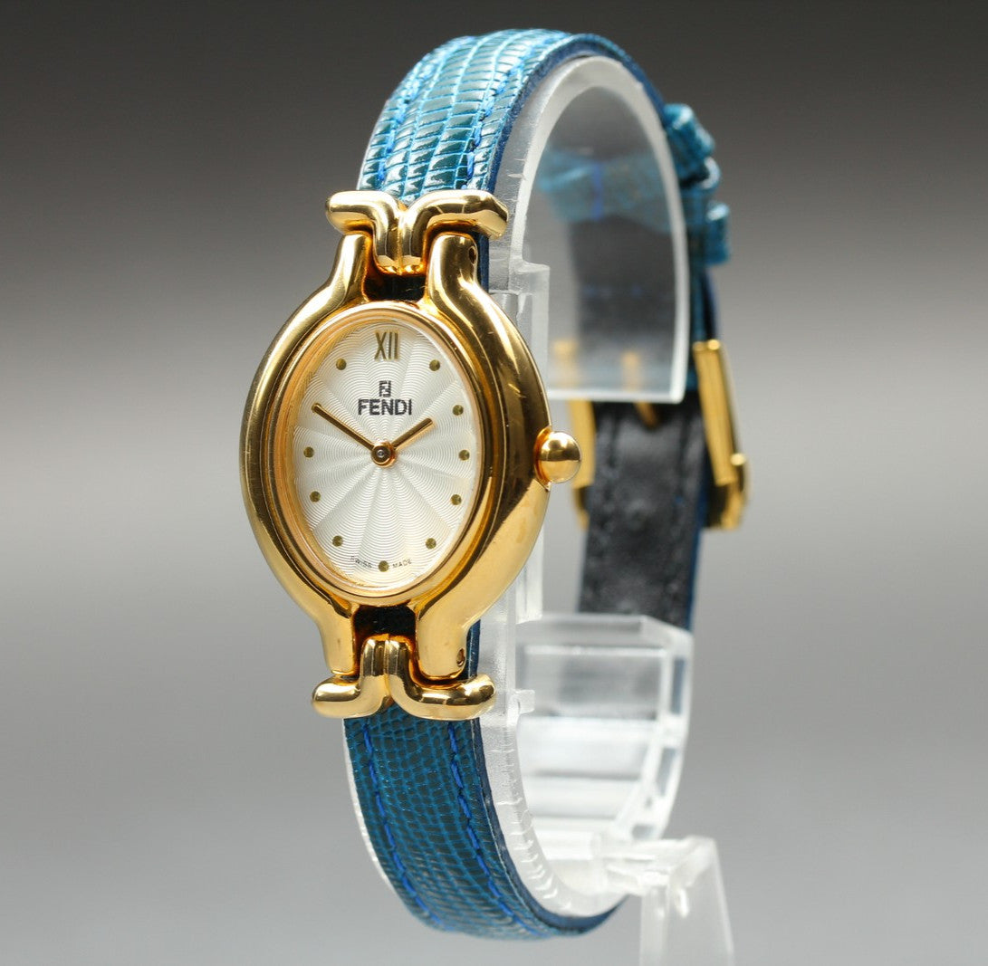 FENDI 640L Chameleon Blue Leather Belt Gold 24mm Women's Quartz Watch Vintage