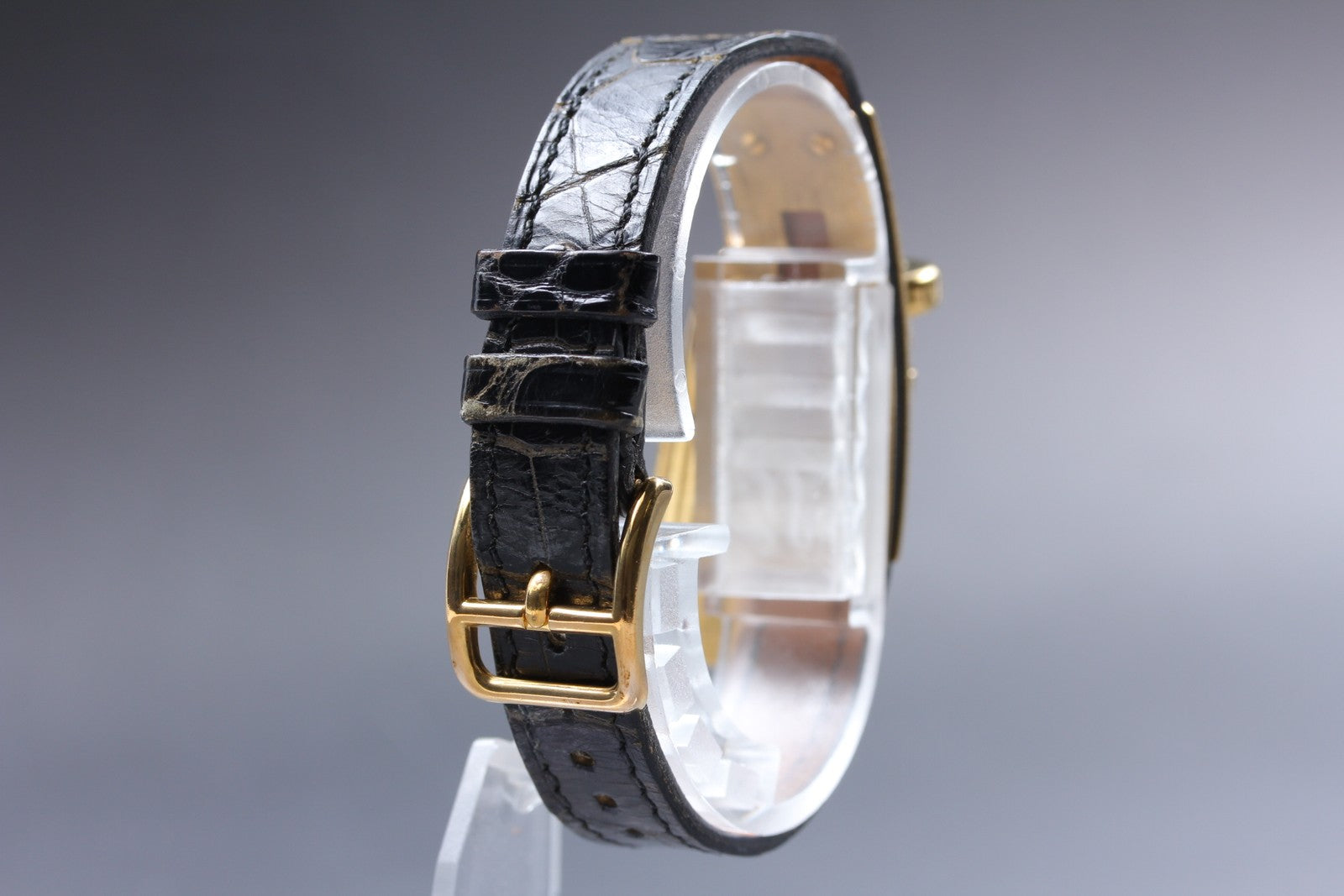 Vintage [Exc+5 Box] HERMES Kelly Watch Gold Black Leather "U" Woman's Qz Watch