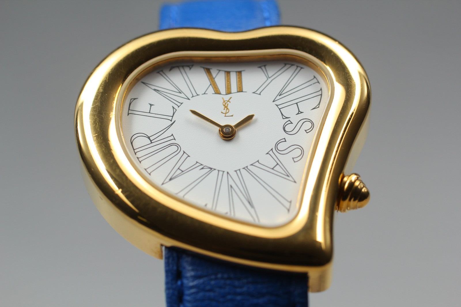 [Exc+5] Yves Saint Laurent Heart Gold Blue 30mm Women's Watch Quartz JAPAN