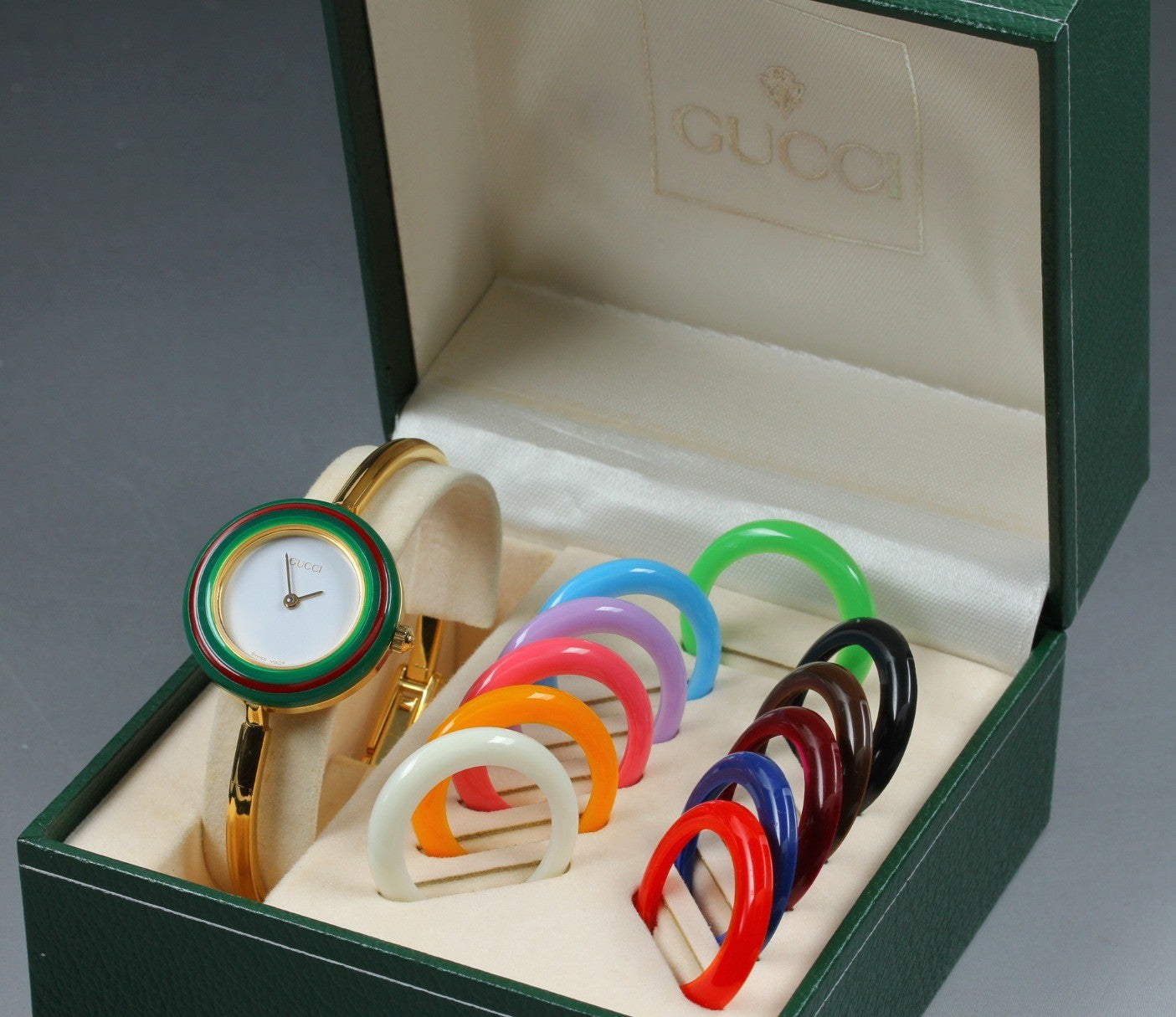 Vintage Gucci Change Bezel 11/12.2 12 Colors Gold Bangle Women's Qz Watch [Box]