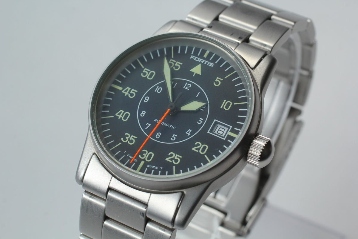 FORTIS Flieger 620.10.46 Automatic Black Men's Date Watch 34mm JAPAN Exc+5*Box