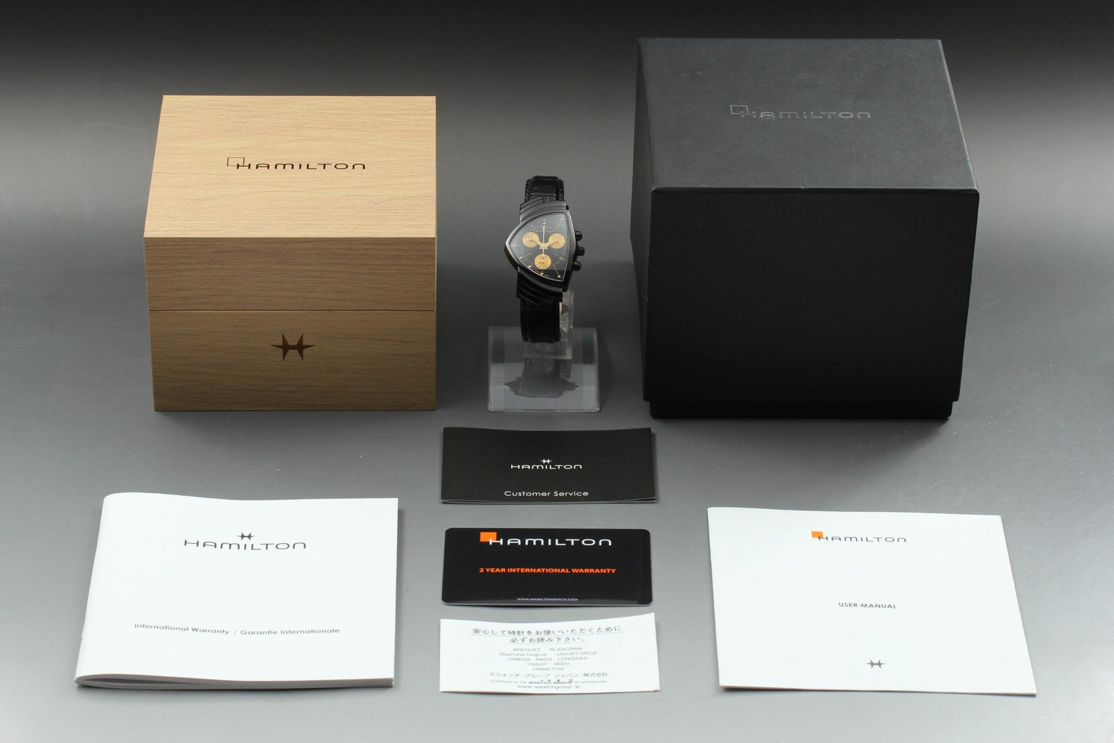 New Batt Hamilton Ventura H244020 Black Quartz Chronograph Men's 32mm Box