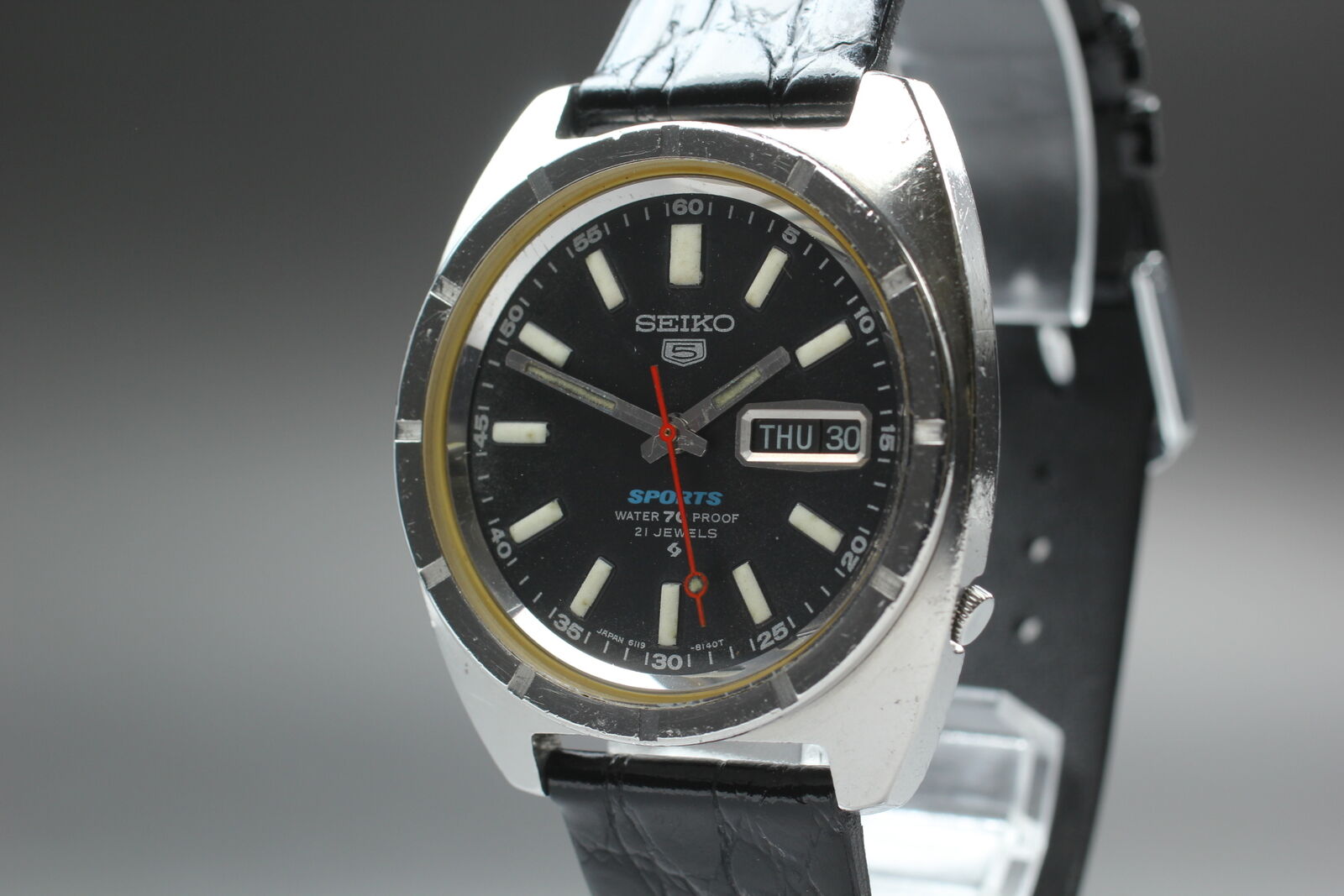 Vintage [Exc+4] SEIKO 5 SPORTS 6119-8140 21J Men's Watch Automatic Black JAPAN