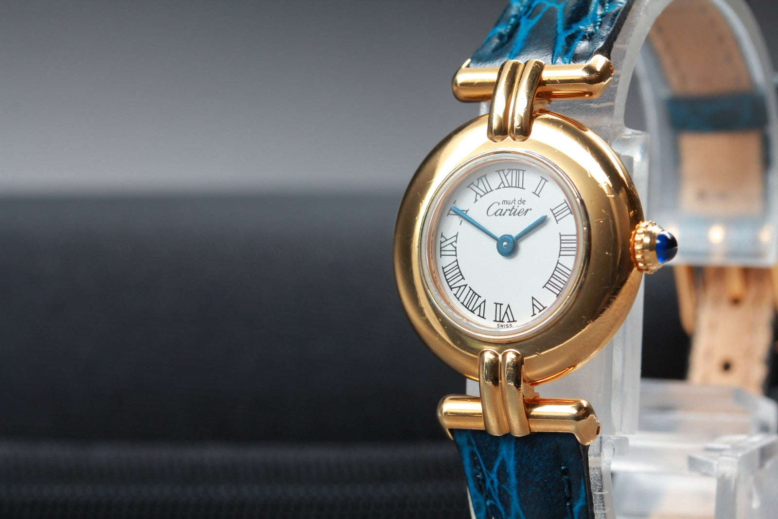 Vintage [Exc+5] Cartier Must Colisee Vermeil 2410 Gold Blue Women's Quartz Watch