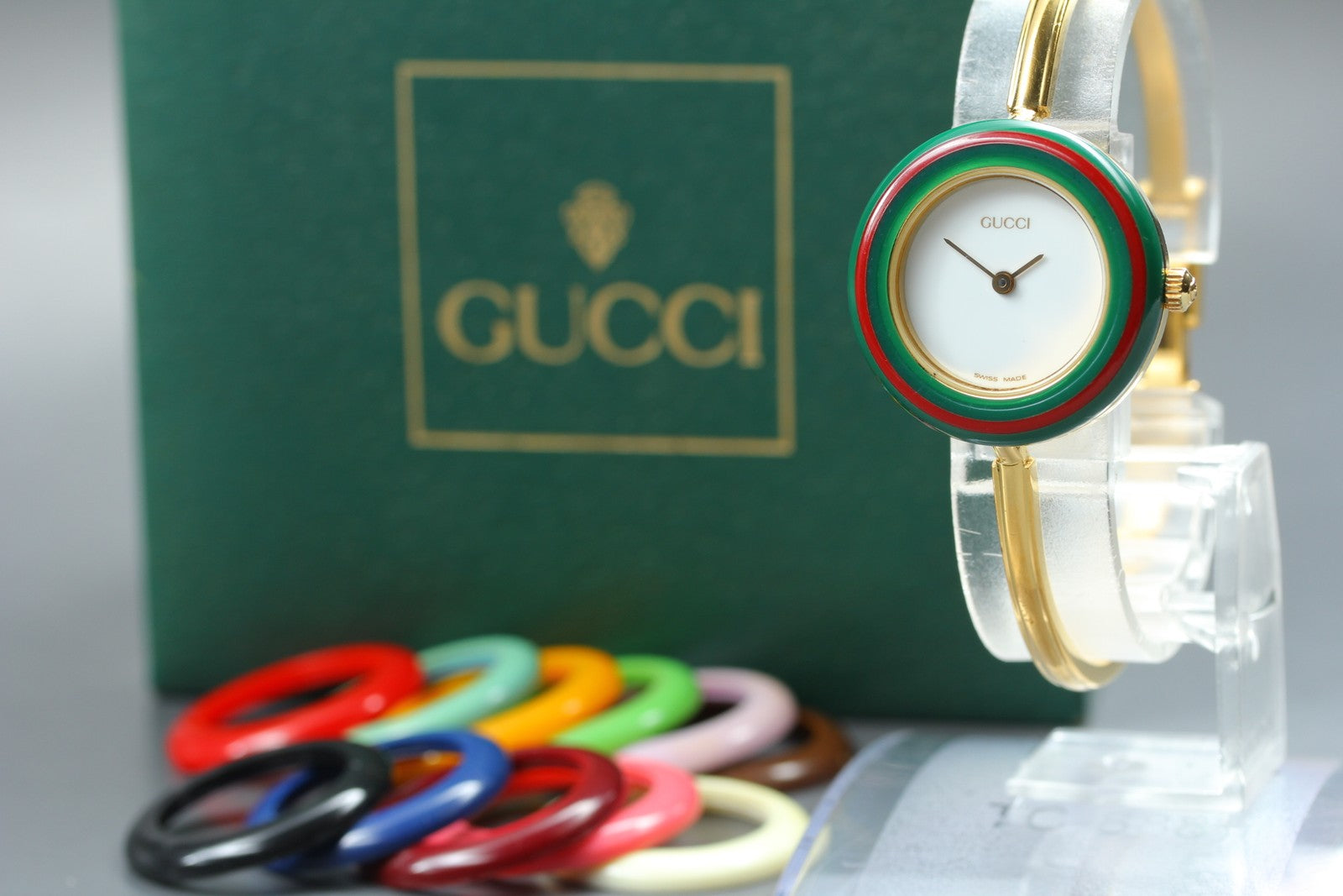 Vintage GUCCI Change Bezel 11/12.2 12Color Quartz Women's Watch 25mm JAPAN Box