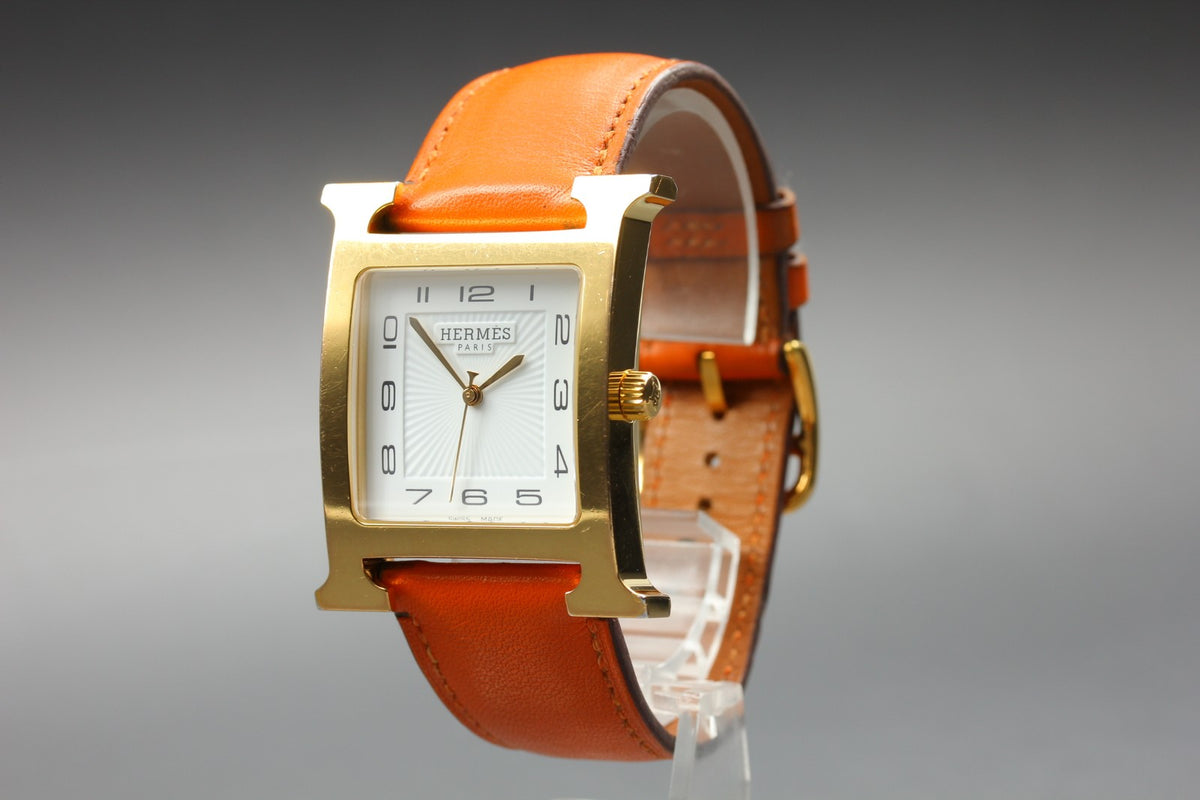 HERMES H Watch HH1.801 White Dial Gold Orange Leather Man's Watch Quartz