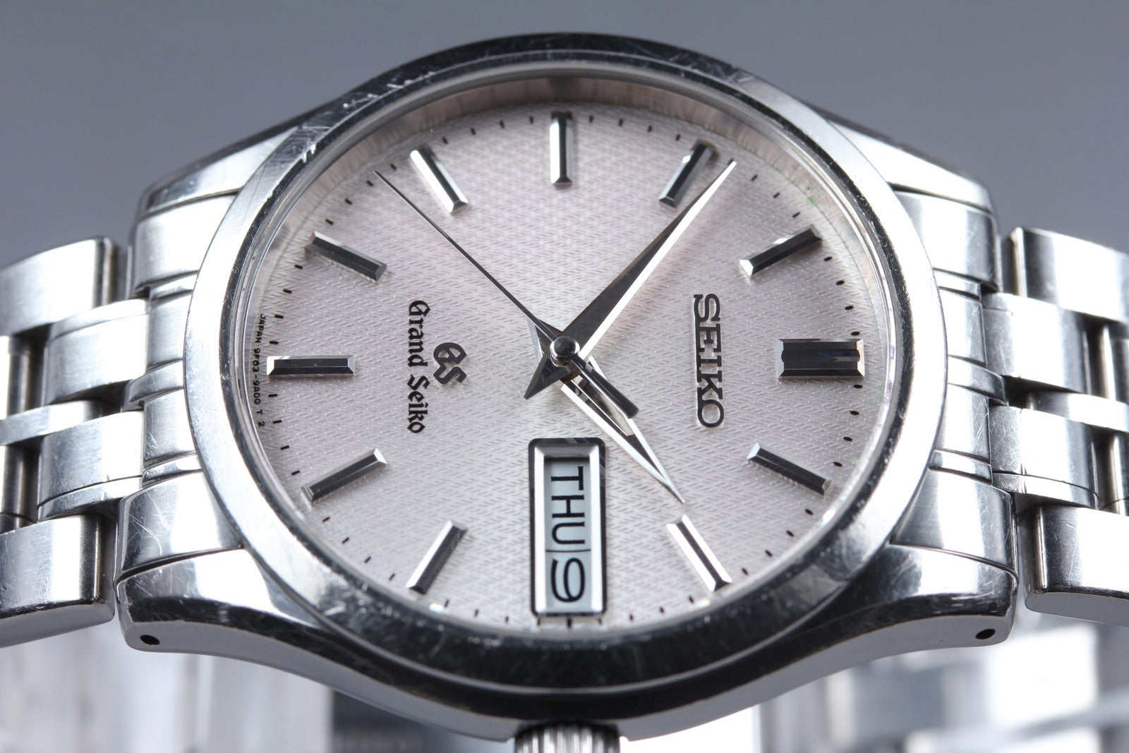[Exc+5 Box] GRAND SEIKO 9F83-9A00 GS 36mm Silver White Day Date Qz Men's Watch