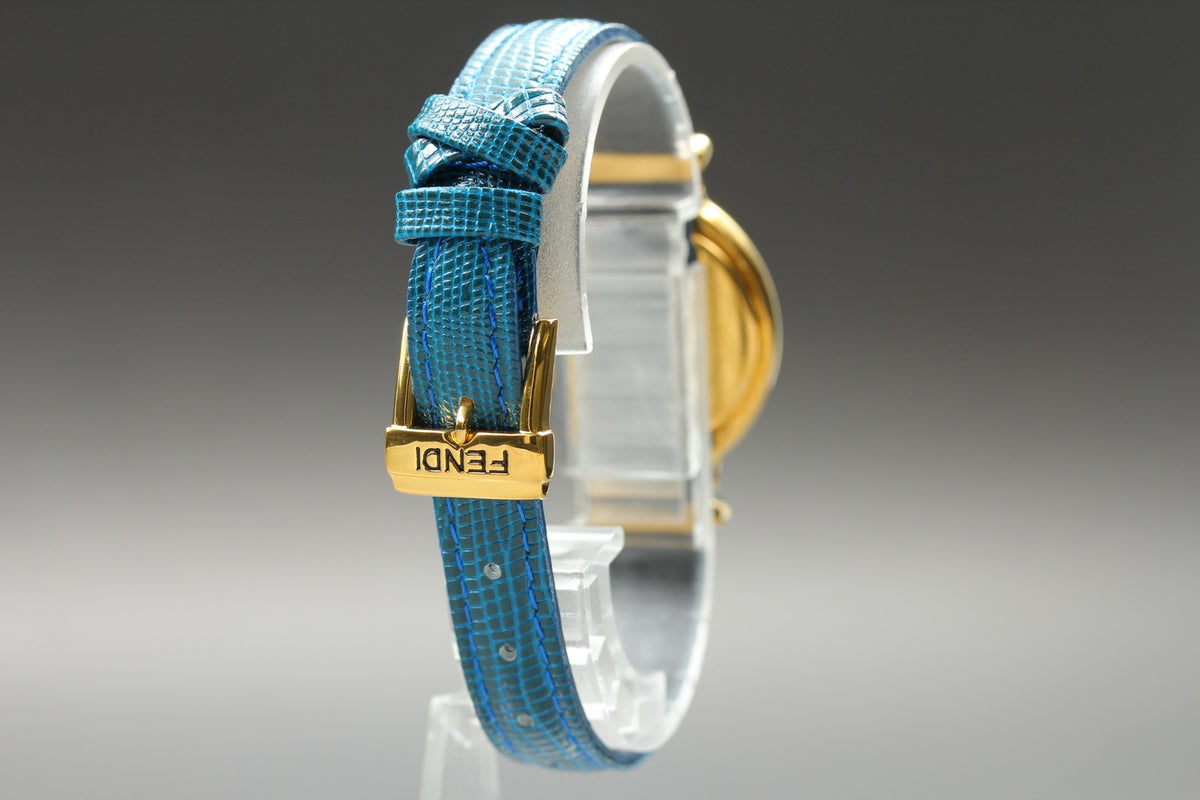 FENDI 640L Chameleon Blue Leather Belt Gold 24mm Women's Quartz Watch Vintage
