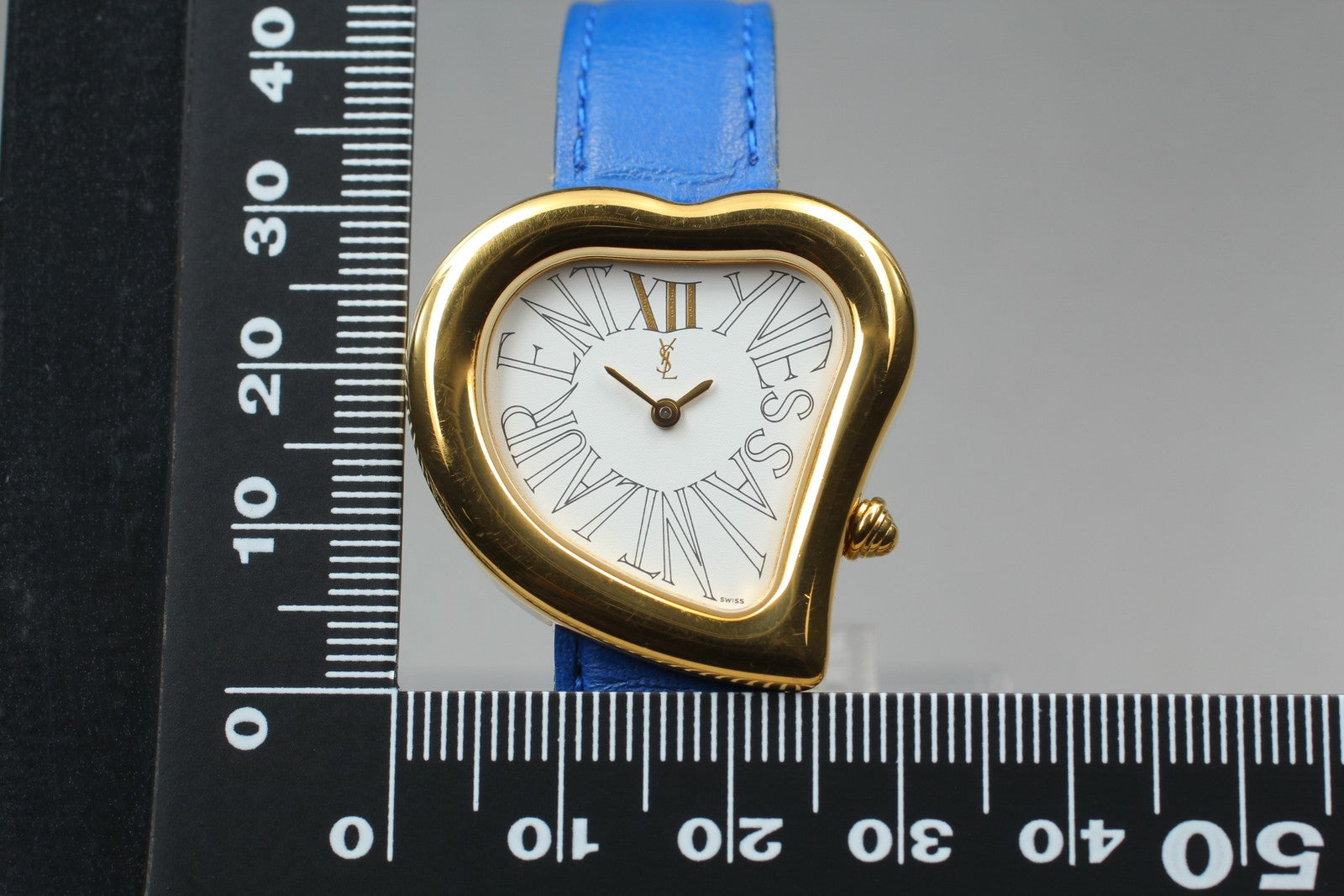 [Exc+5] Yves Saint Laurent Heart Gold Blue 30mm Women's Watch Quartz JAPAN