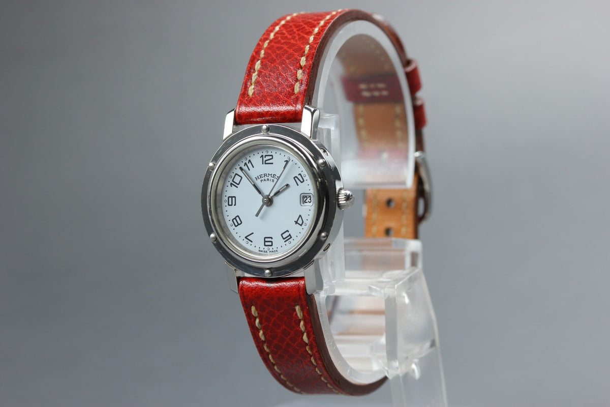 HERMES Clipper CL4.210 Date White Dial Red "E" 24mm Woman's Quartz Watch [Box]