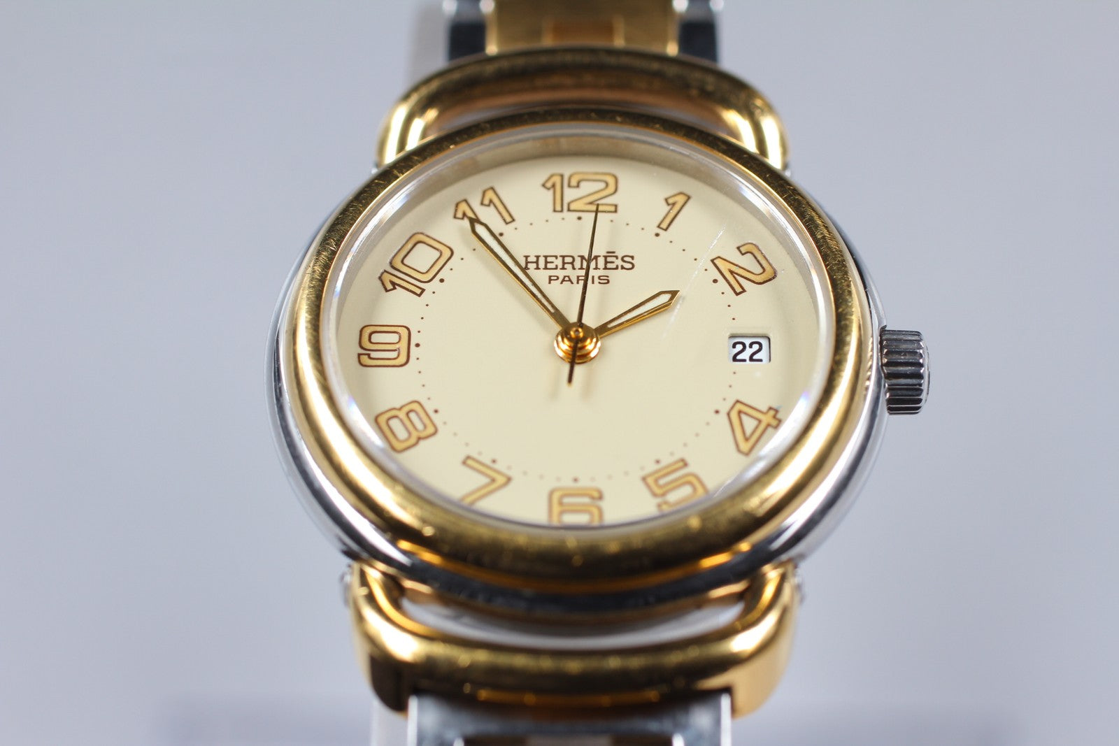 Vintage [Exc+4] Hermes Pullman PU2.240 Ivory Dial 24mm Date Woman's Quartz Watch