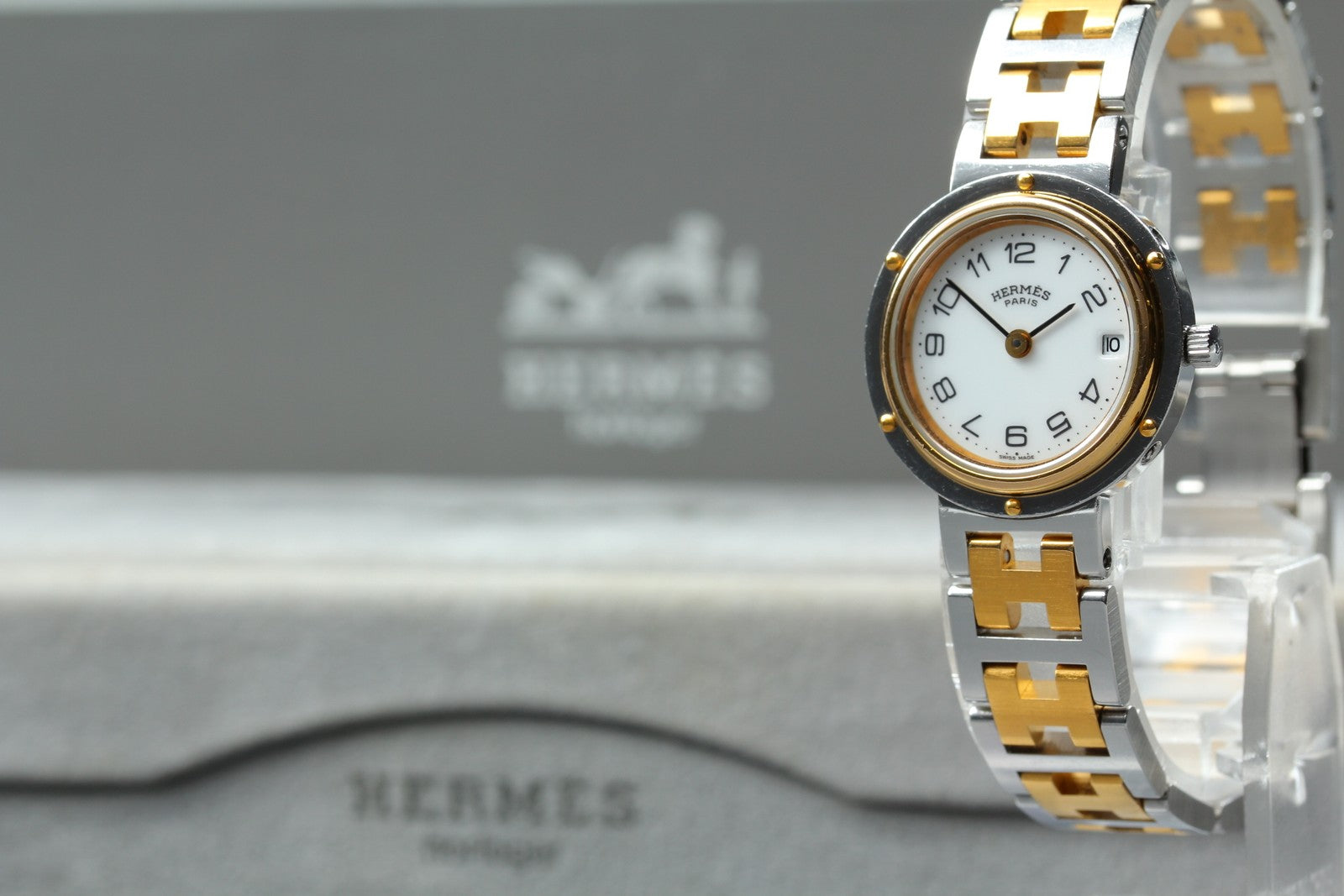 Vintage [Exc+5 Box] Hermes Clipper 24mm White Dial Gold Woman's Watch Quartz