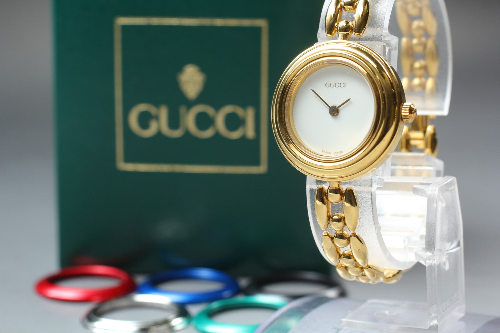 Vintage Gucci Change Bezel 11/12.2 6 Colors Gold Bracelet Women's Qz Watch [Box]