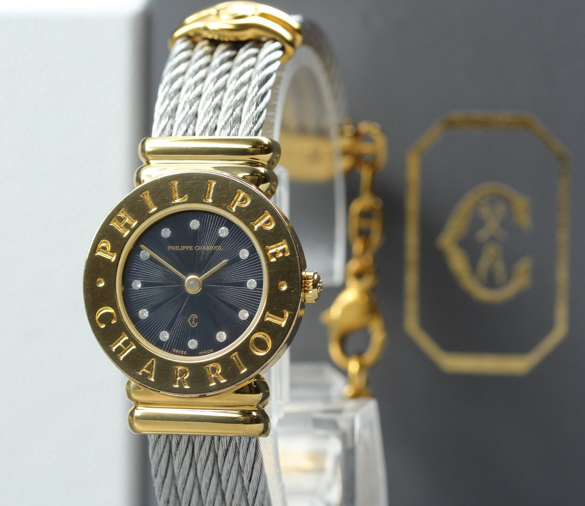 PHILIPPE CHARRIOL St.Tropez Black 12P Stones 7007901 24mm Qz Women's Watch [Box]