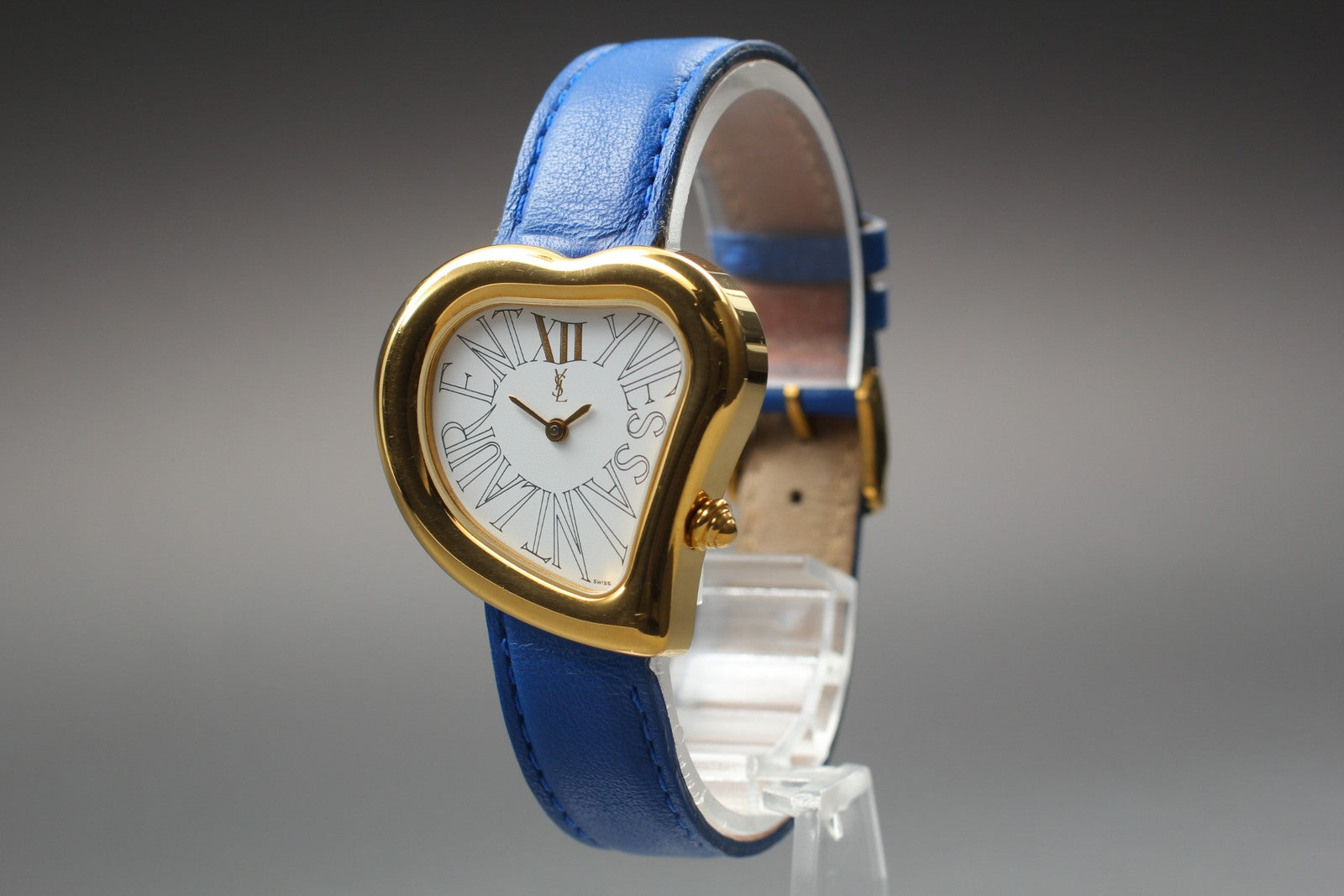 [Exc+5] Yves Saint Laurent Heart Gold Blue 30mm Women's Watch Quartz JAPAN