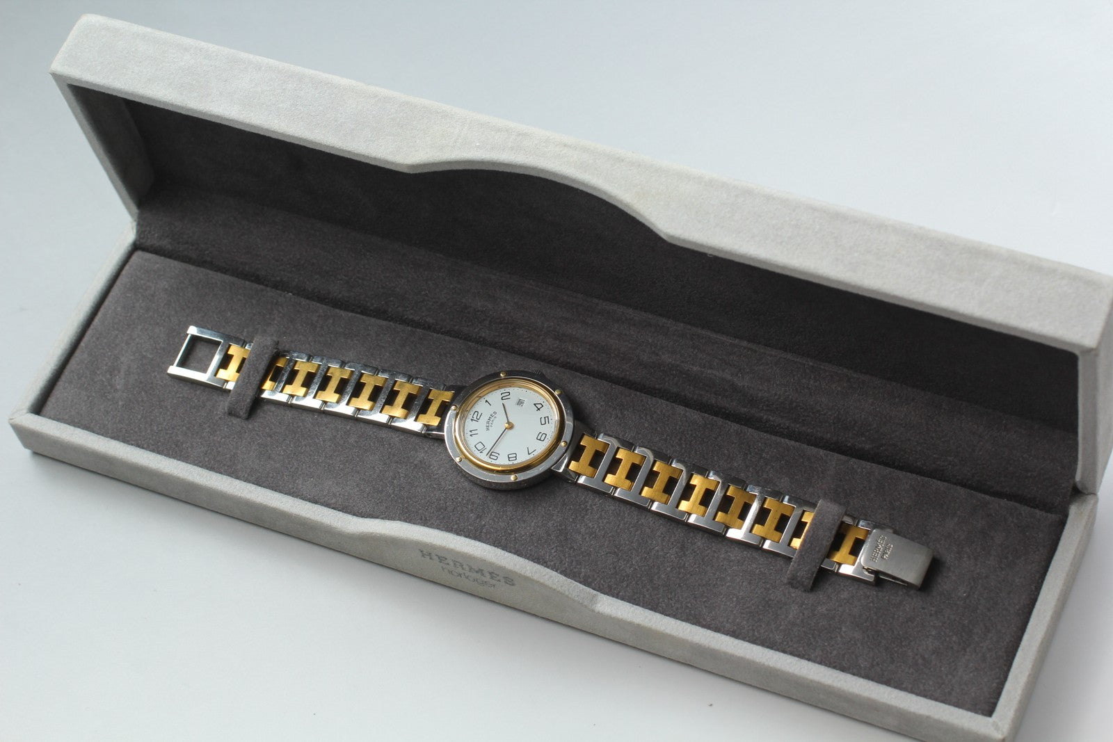 Vintage [Exc+5 Box] Hermes Clipper 30mm White Dial Gold Unisex Watch Quartz