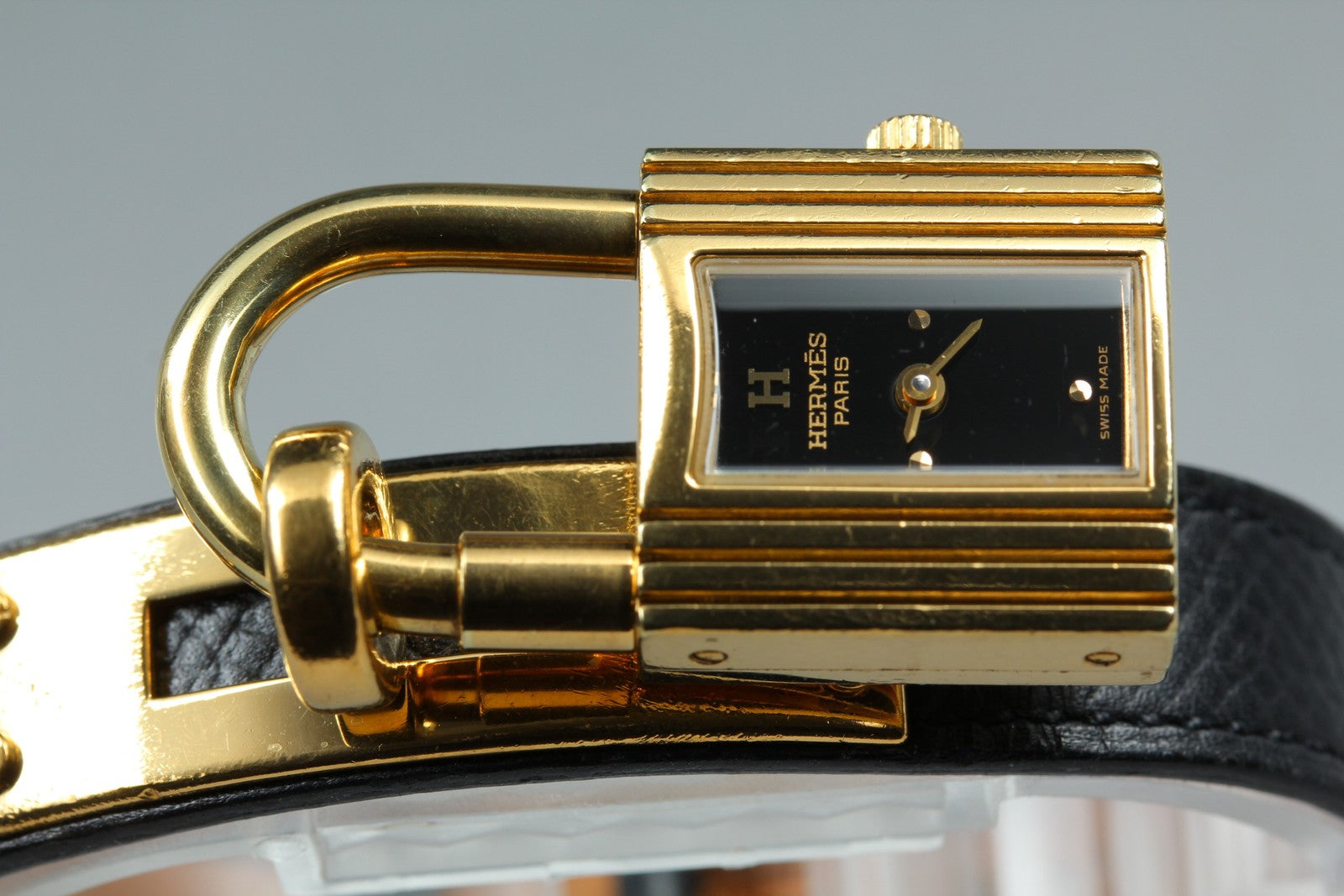 HERMES Kelly Watch Gold Black Leather "A" Woman's Quartz Watch Vintage [Box]