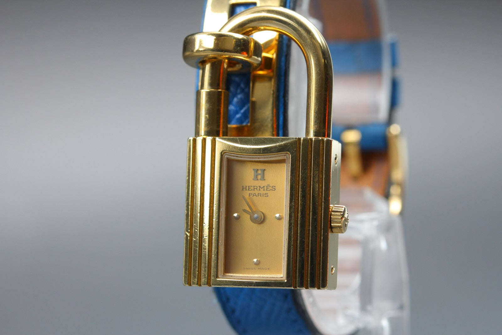 Vintage HERMES Kelly Watch Gold Blue Leather "A" Woman's Quartz Watch [Box]