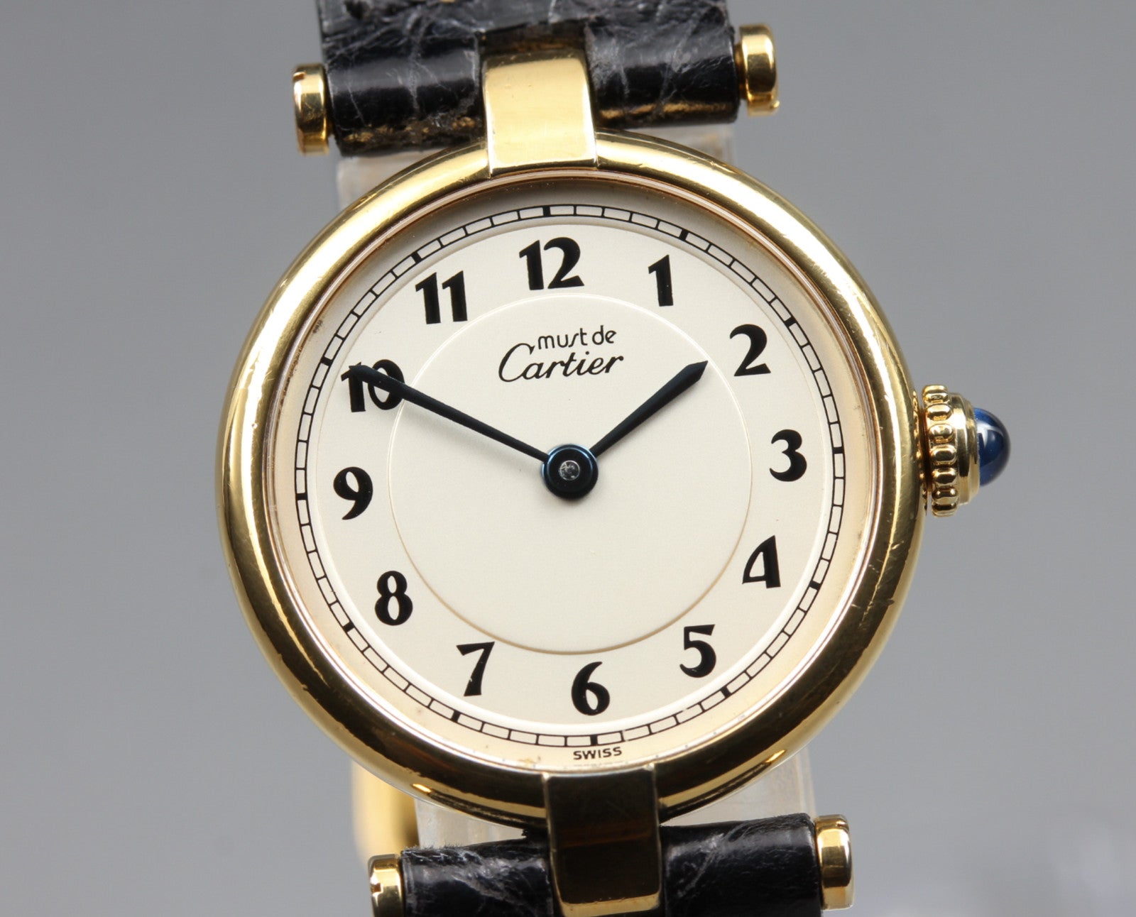 Vintage Cartier Must Vendome Vermeil 590004 Gold Black 24mm Women's Qz Watch