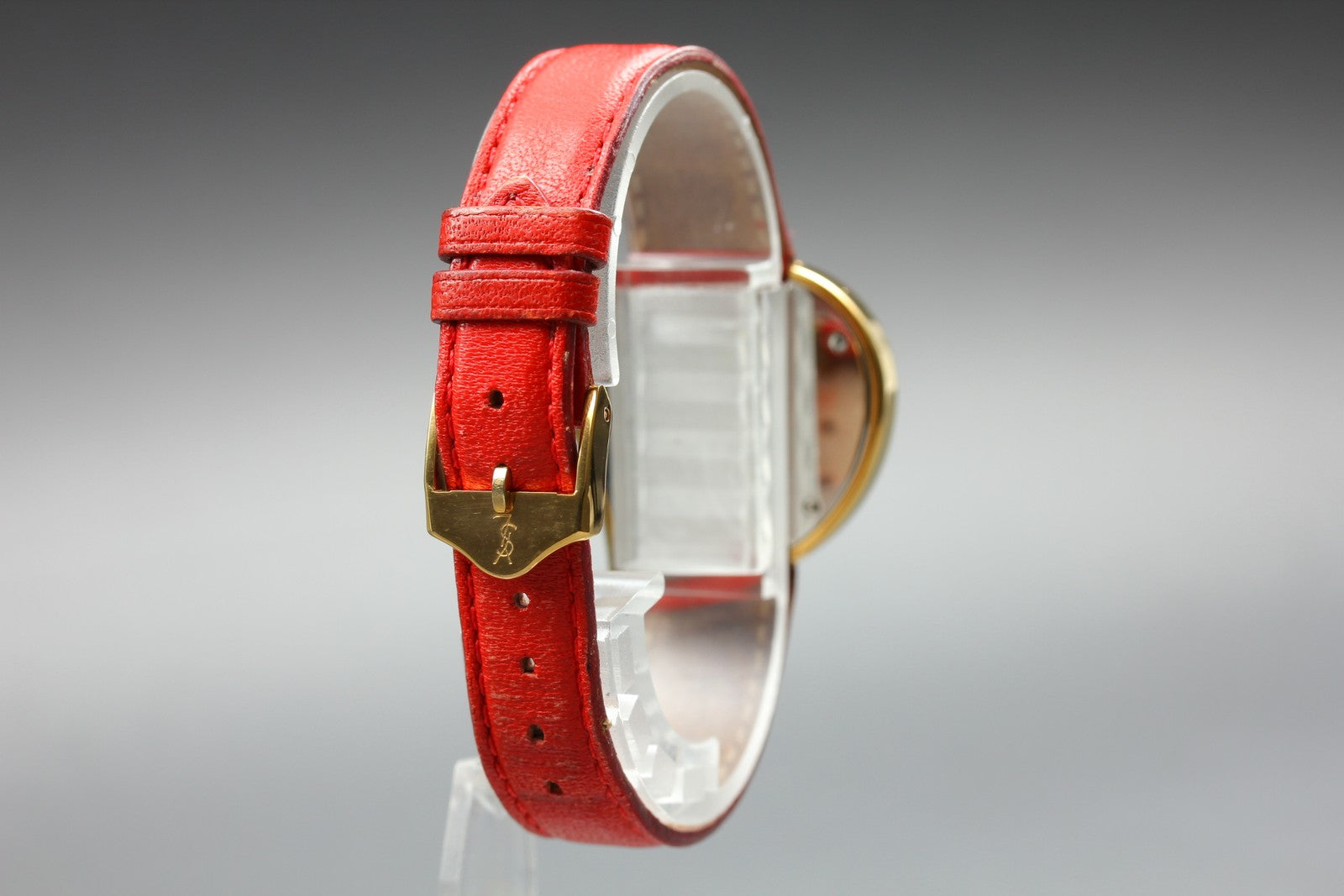Vintage Yves Saint Laurent Heart Gold Red Leather 30mm Women's Watch Quartz