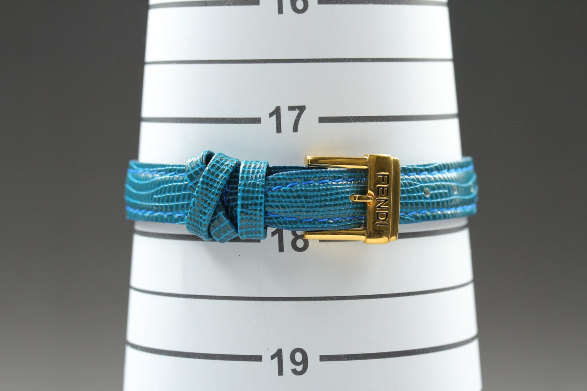 FENDI 640L Chameleon Blue Leather Belt Gold 24mm Women's Quartz Watch Vintage