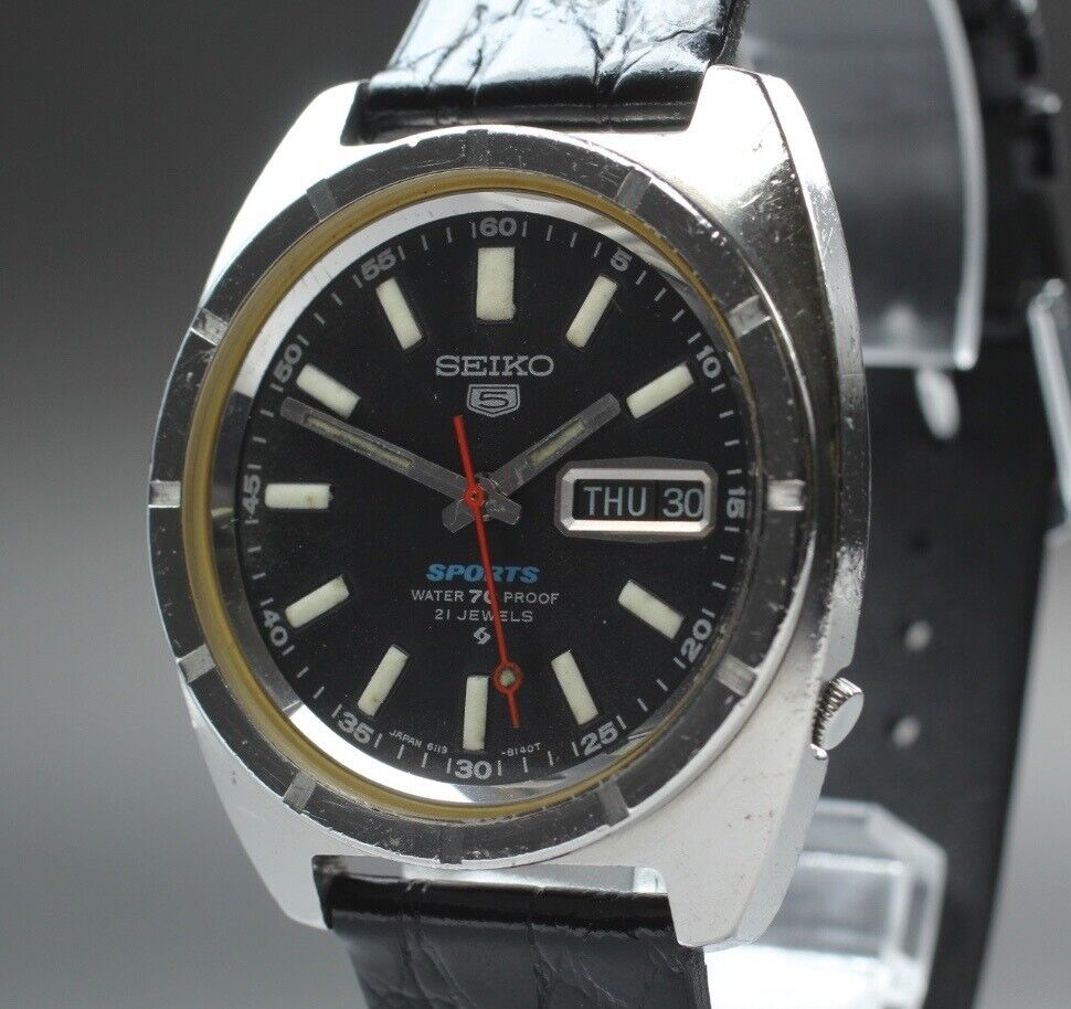 Vintage [Exc+4] SEIKO 5 SPORTS 6119-8140 21J Men's Watch Automatic Black JAPAN