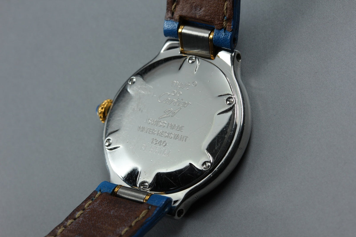 Cartier Must de Cartier 21 1340 Blue Silver 27mm Women's Qz Watch Vintage Pouch