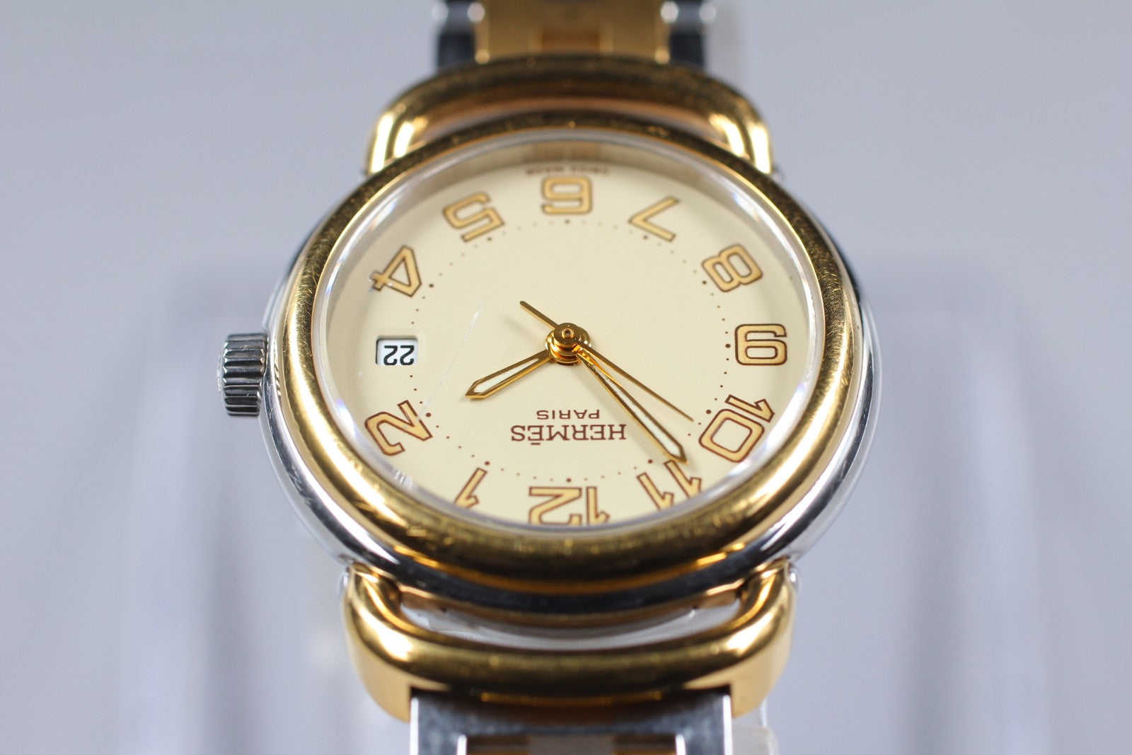 Vintage [Exc+4] Hermes Pullman PU2.240 Ivory Dial 24mm Date Woman's Quartz Watch