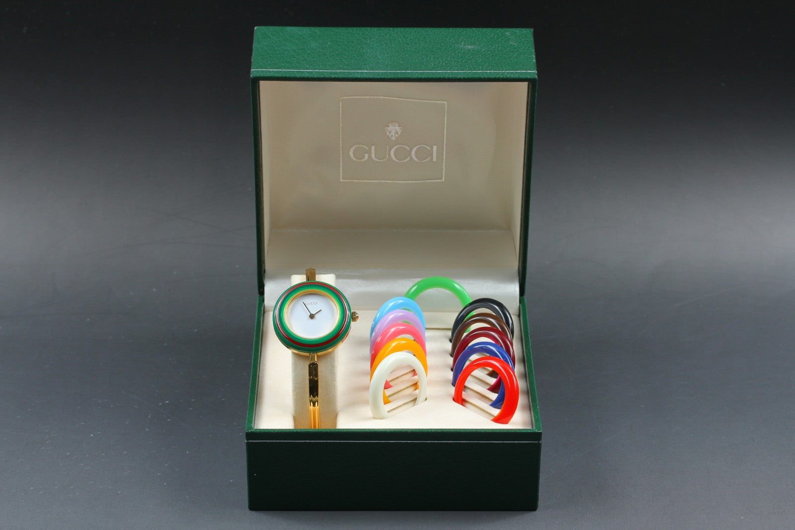 Vintage Gucci Change Bezel 11/12.2 12 Colors Gold Bangle Women's Qz Watch [Box]