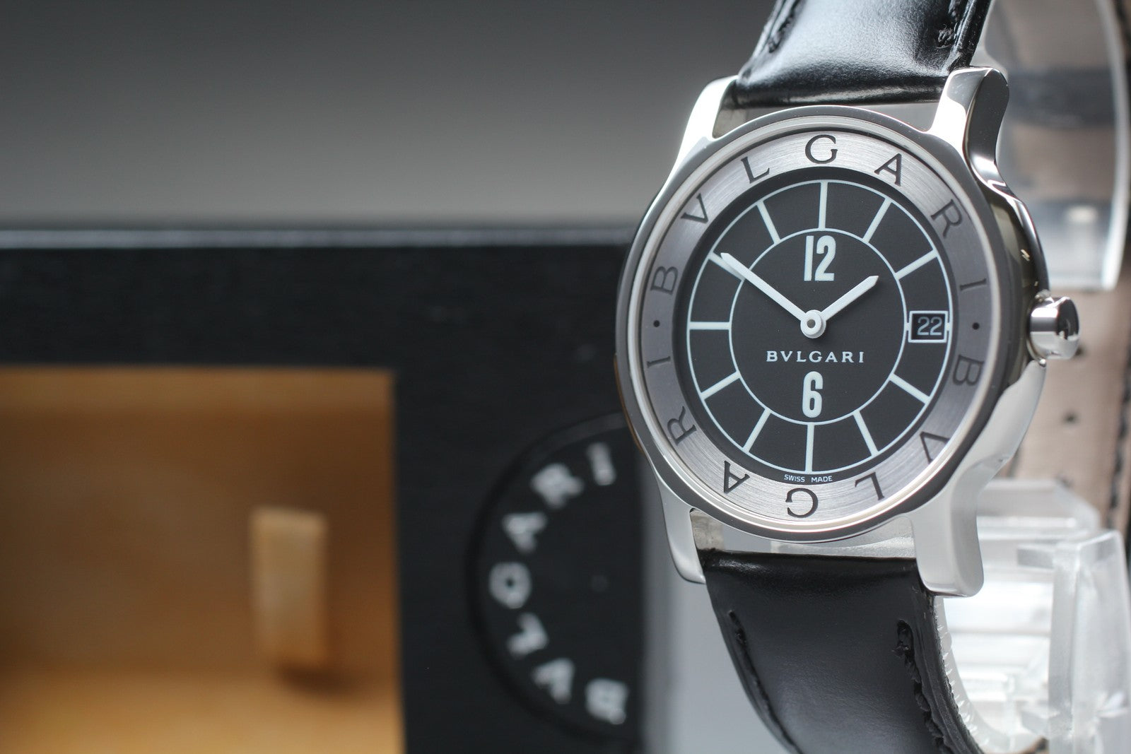 New Batt BVLGARI Solotempo ST35S Quartz Black Dial Date Men's Watch 35mm *N MINT