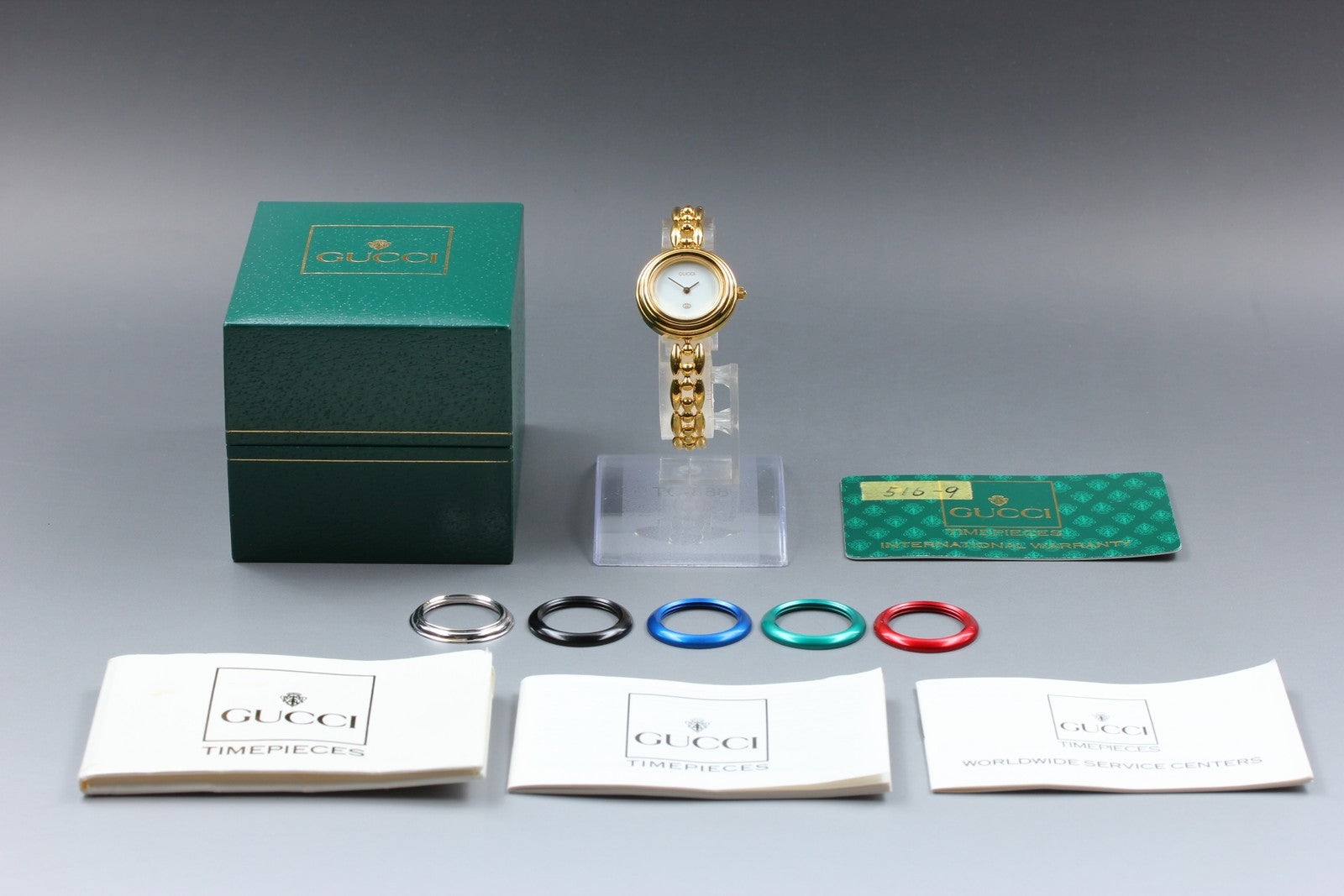 Vintage GUCCI Change Bezel 11/12 6 Colors Gold Bracelet Qz Woman’s Watch [Box]
