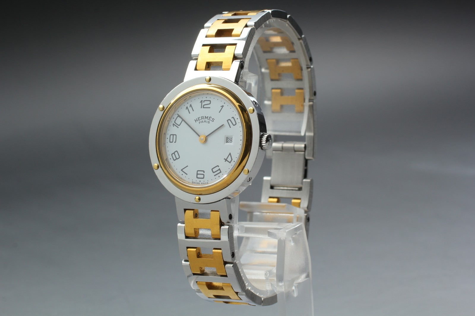 Vintage [Exc+5 Box] Hermes Clipper 30mm White Dial Gold Unisex Watch Quartz