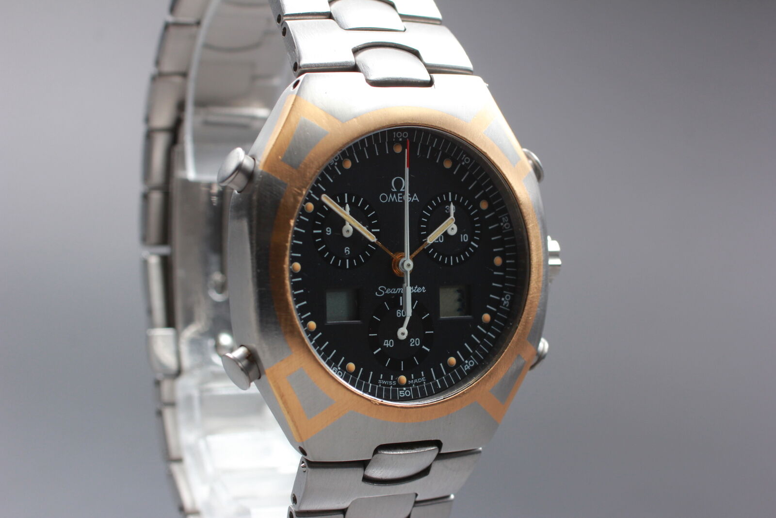 [Exc+5] OMEGA Seamaster Polaris Chronograph Black Dial Quartz Men's Watch JAPAN