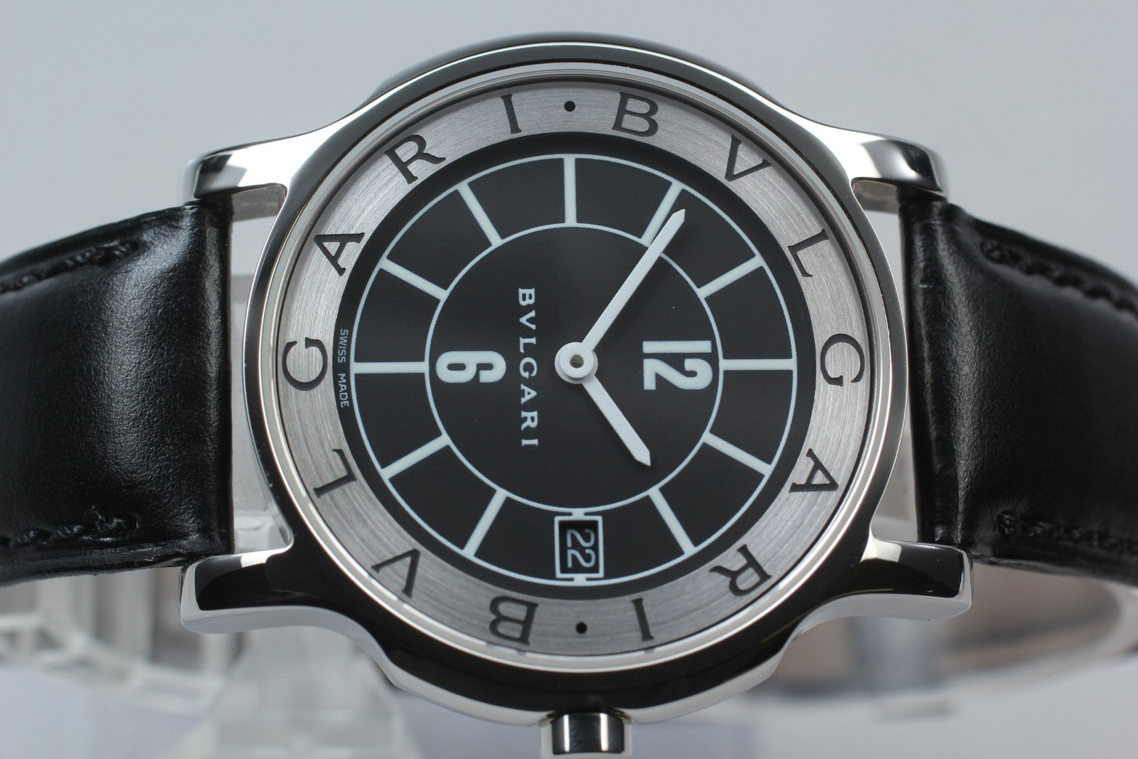 New Batt BVLGARI Solotempo ST35S Quartz Black Dial Date Men's Watch 35mm *N MINT
