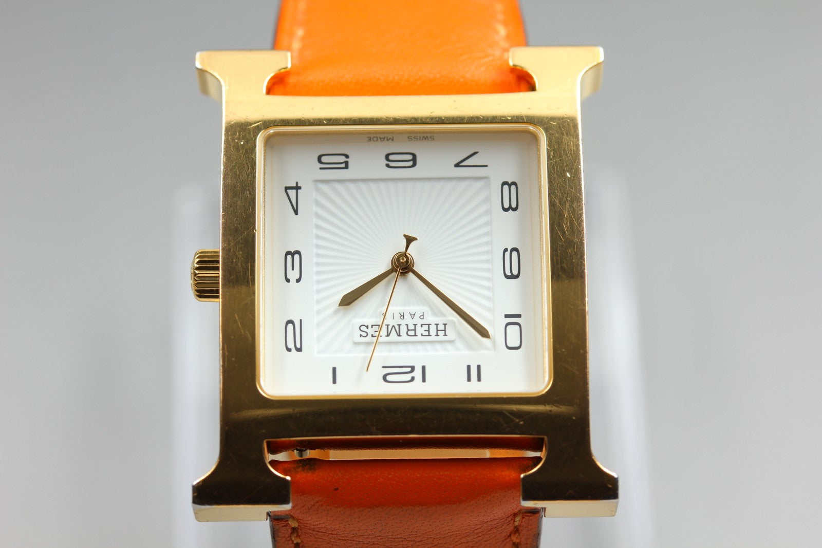 HERMES H Watch HH1.801 White Dial Gold Orange Leather Man's Watch Quartz