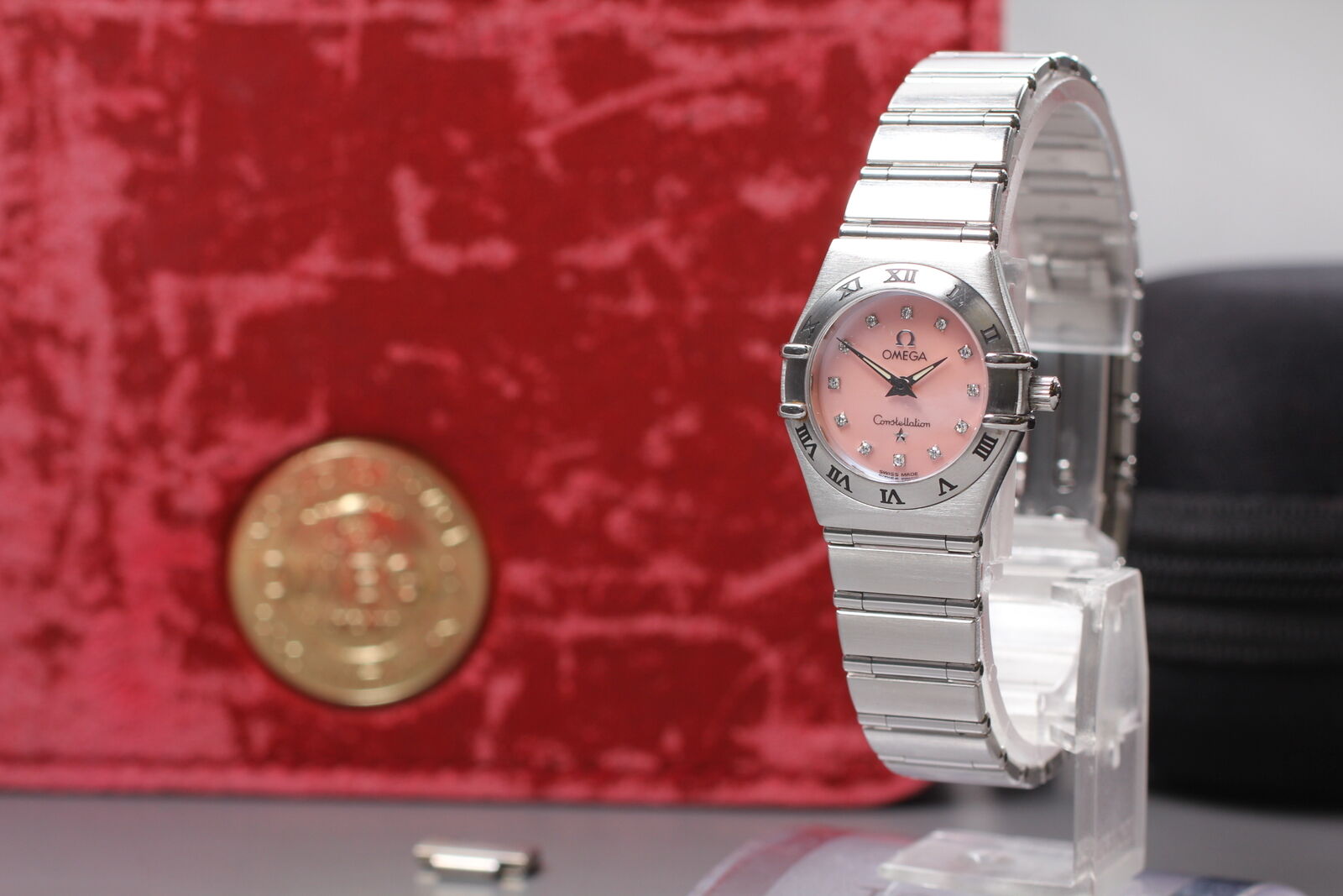 New Battery Exc+5 Box Omega Constellation Mini 1562.65 Pink Shell Qz Women Watch