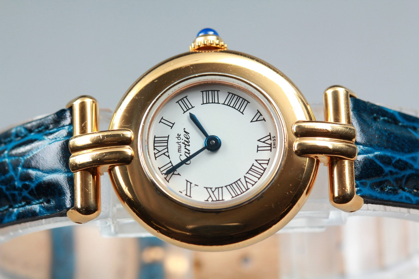 Vintage [Exc+5] Cartier Must Colisee Vermeil 2410 Gold Blue Women's Quartz Watch