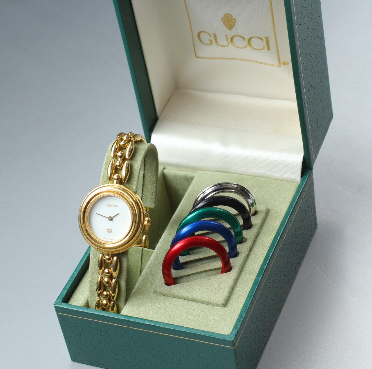 GUCCI Change Bezel 11/12 6 Colors Gold Bracelet Qz Woman’s Watch Vintage [Box]