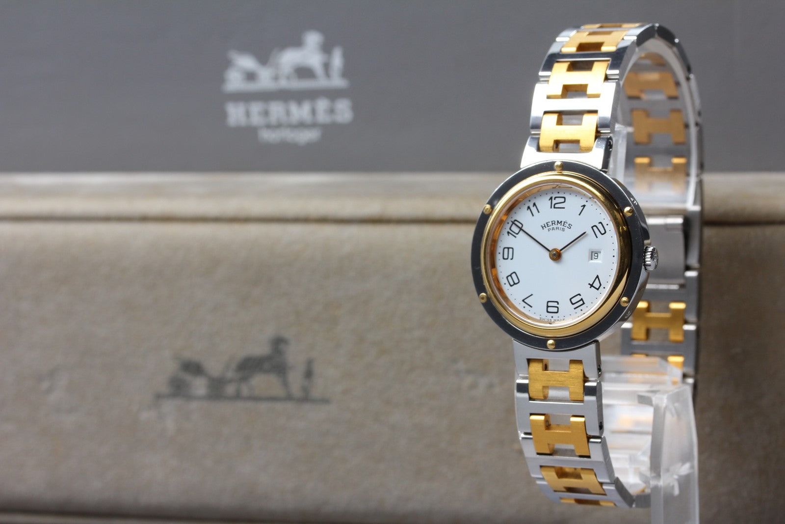 Vintage [Exc+5 Box]  HERMES Clipper White Dial Gold 24mm Woman's Quartz Watch