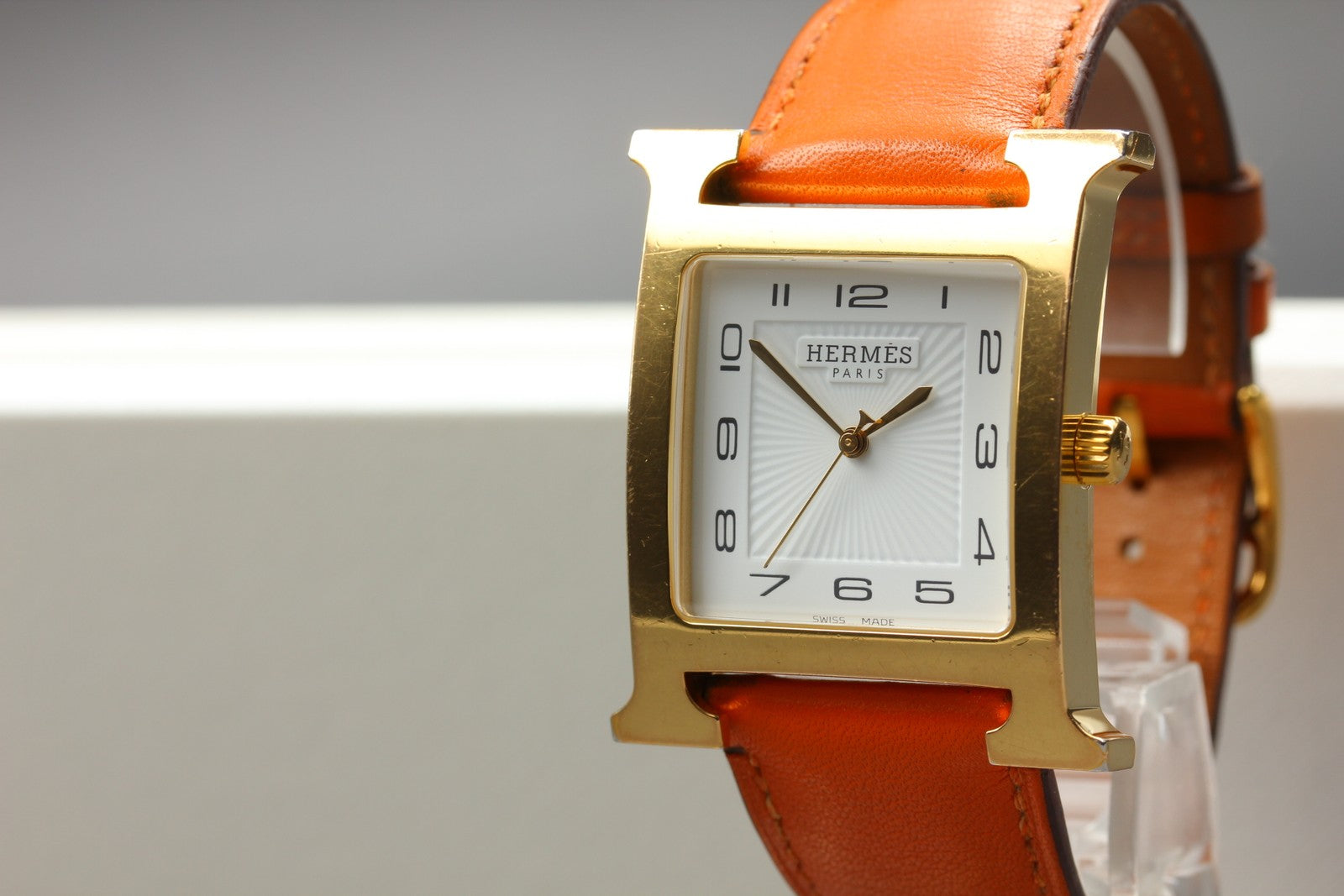 HERMES H Watch HH1.801 White Dial Gold Orange Leather Man's Watch Quartz
