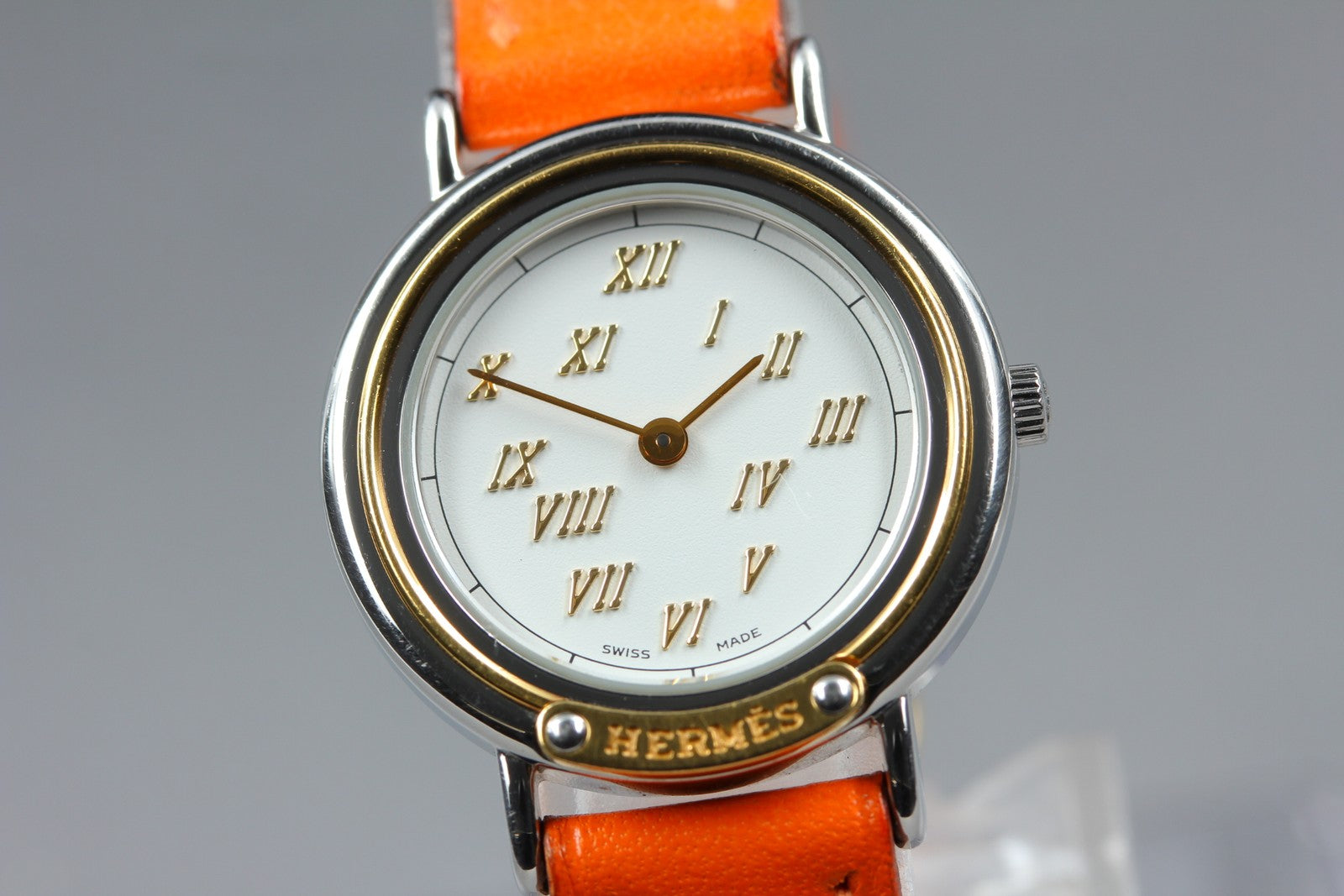 Vintage HERMES Meteor White Dial Orange "E" 24mm Woman's Watch Quartz [w /Box]