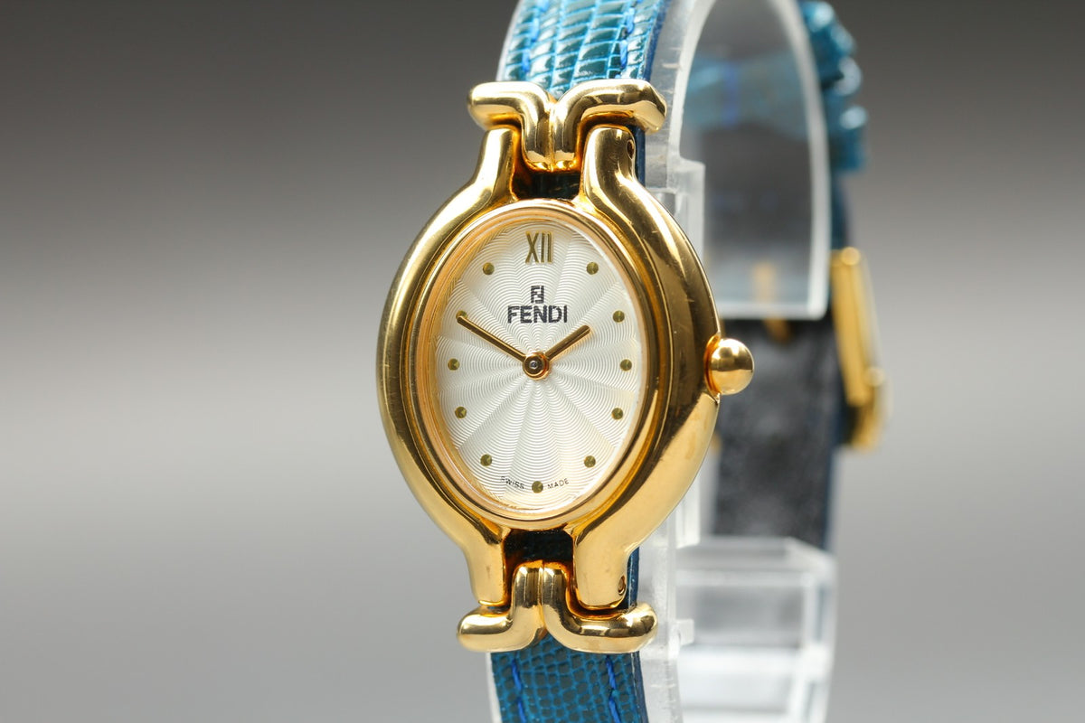 FENDI 640L Chameleon Blue Leather Belt Gold 24mm Women's Quartz Watch Vintage