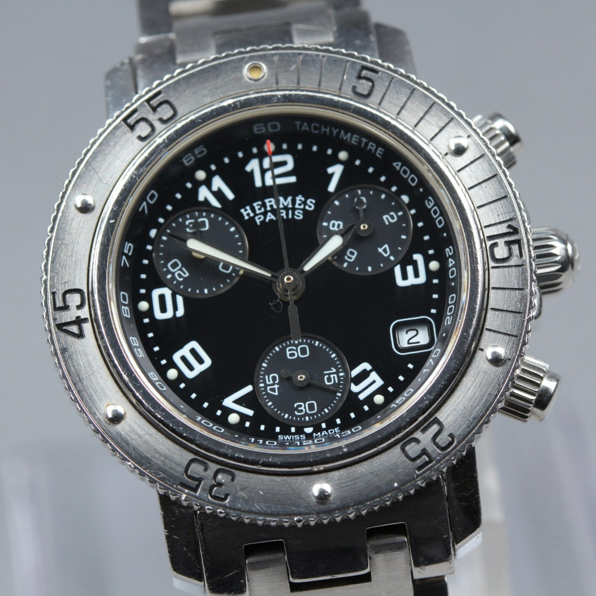 HERMES Clipper Diver Chronograph CL2.310 Quartz Black Women's Watch 33mm JAPAN