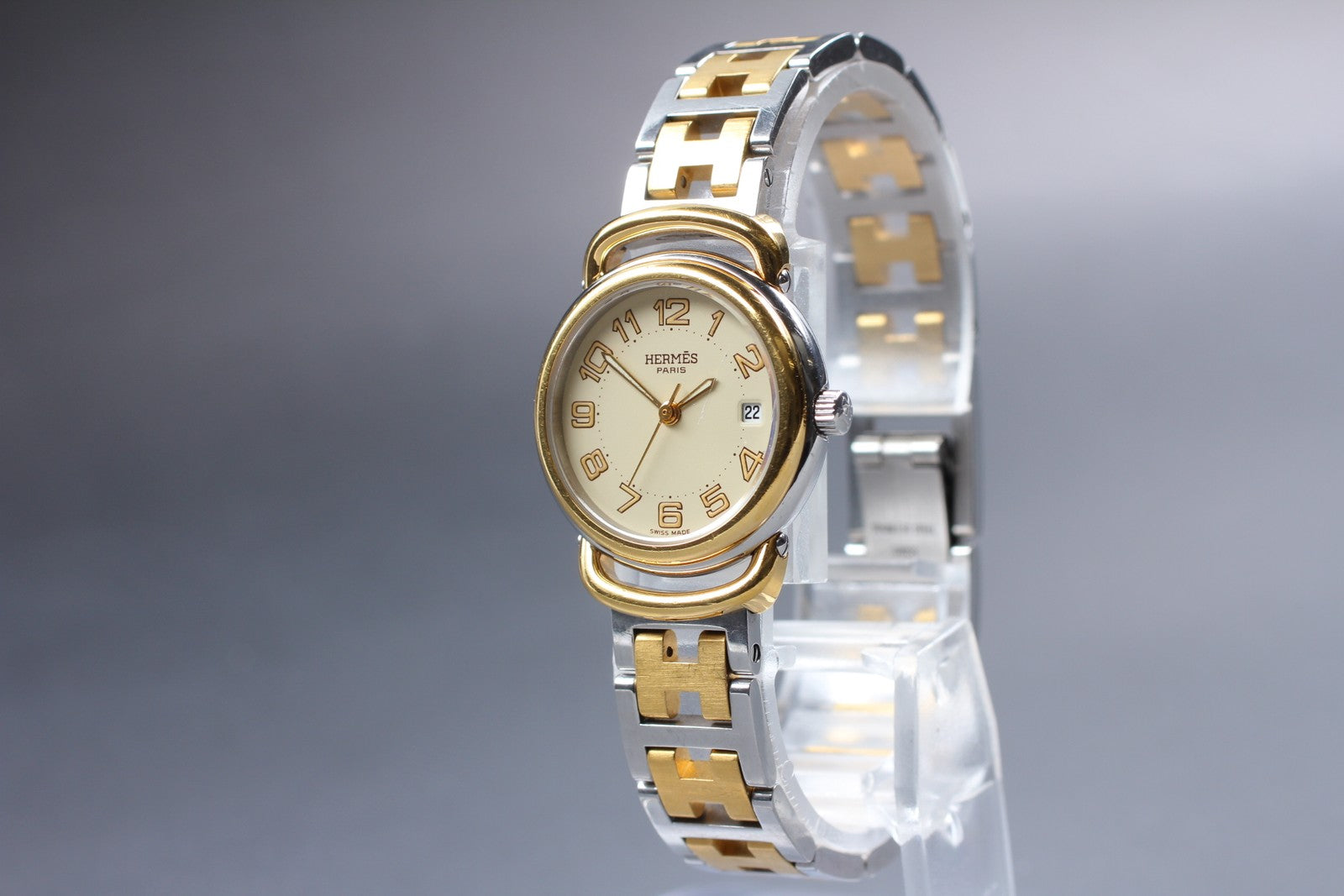 Vintage [Exc+4] Hermes Pullman PU2.240 Ivory Dial 24mm Date Woman's Quartz Watch