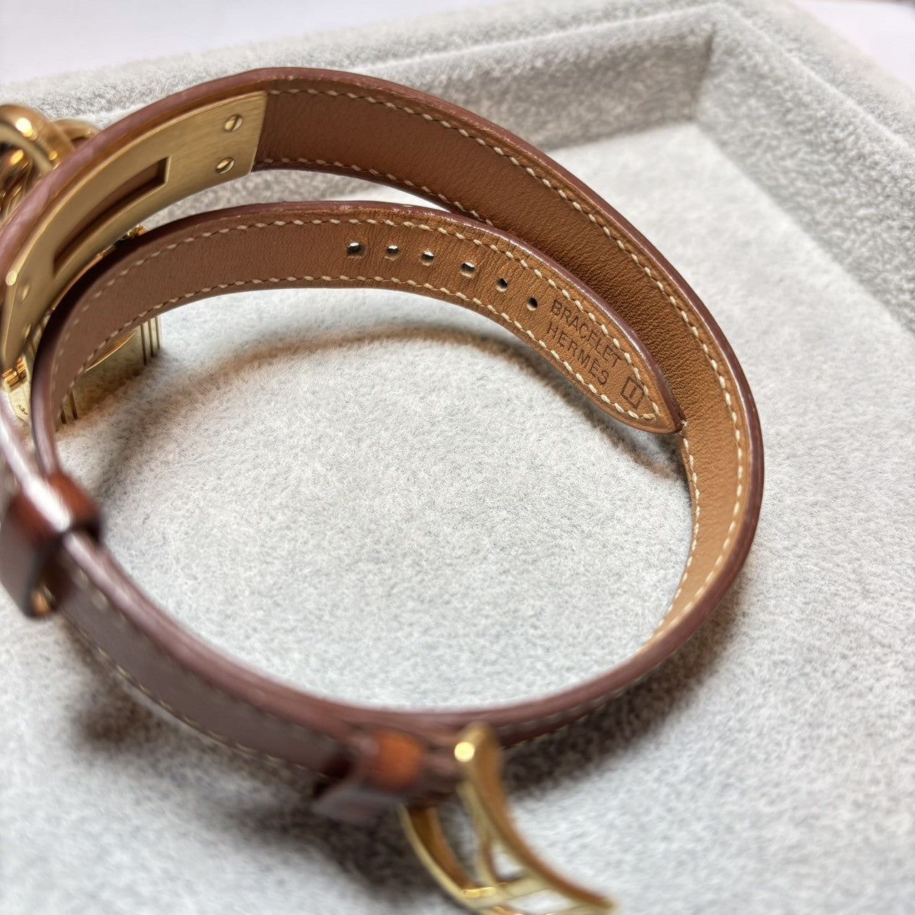 Overhauled [Exc+5 Box] HERMES Kelly Watch Gold Brown "I" Double Woman's Qz Watch